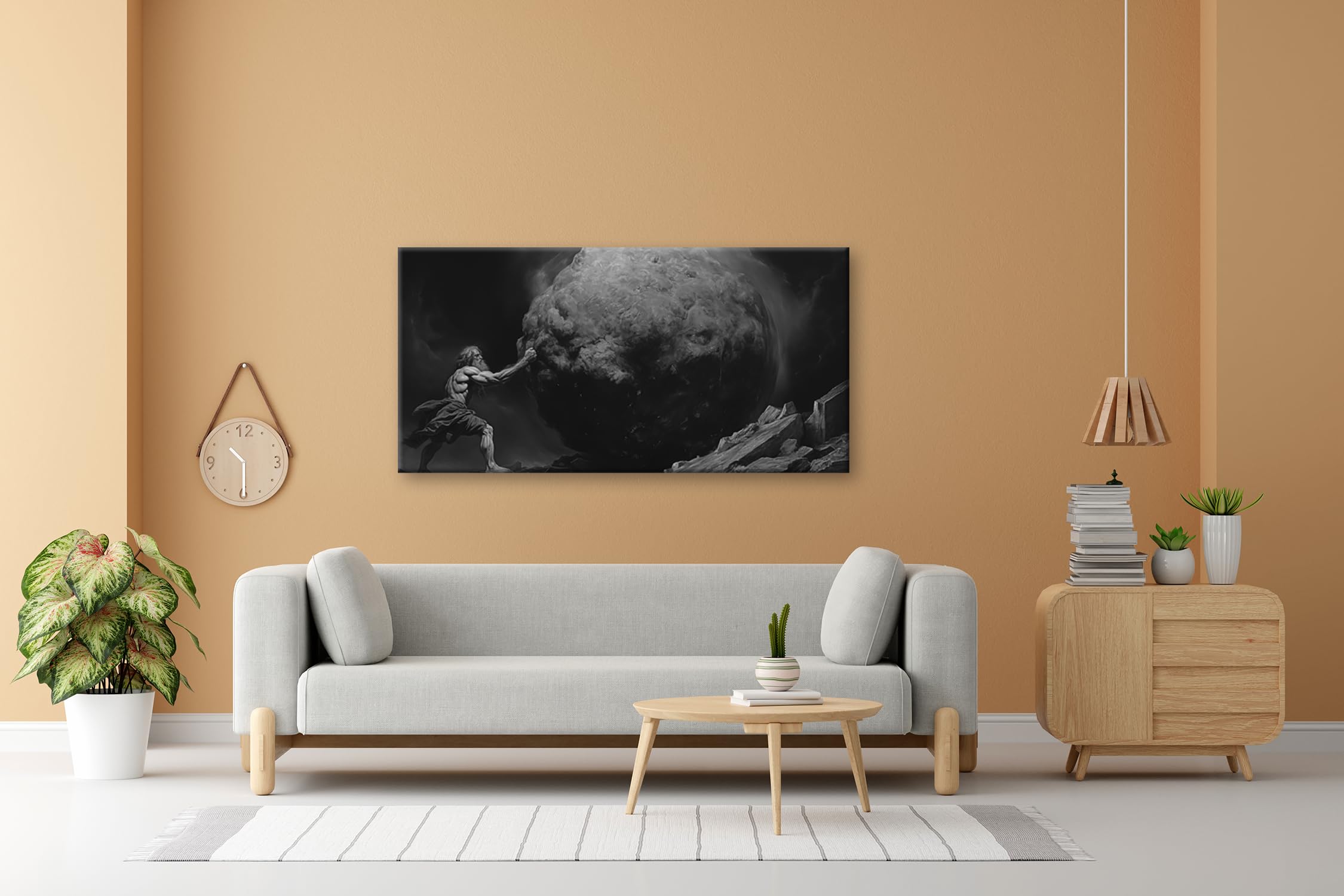 Leinwandbild Sisyphos’ Kampf – der Berg als endlose Prüfung. Panorama 120x60cm Effekt: Schwarz&Weiß XXL Kunstdruck Bild auf Keilrahmen/Wandbild/Wohnzimmer Dekoration