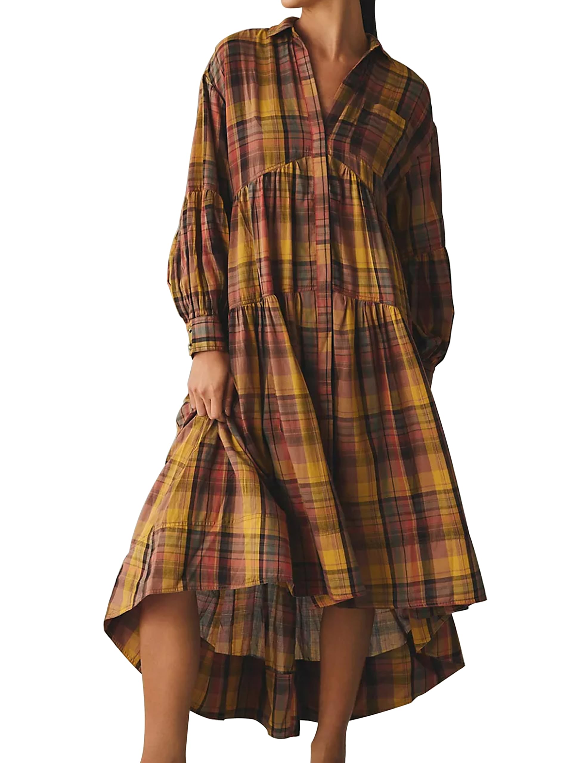 Plaid print hooded long sleeve dress main image 1
