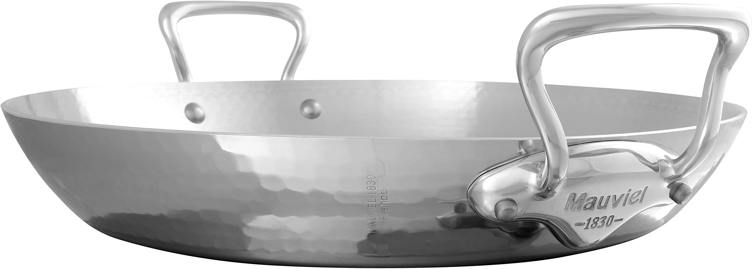 M'Elite 5-Ply Hammered Polished Stainless Steel Paella Pan With Cast Stainless Steel Handles, 13.8-in, Made in France