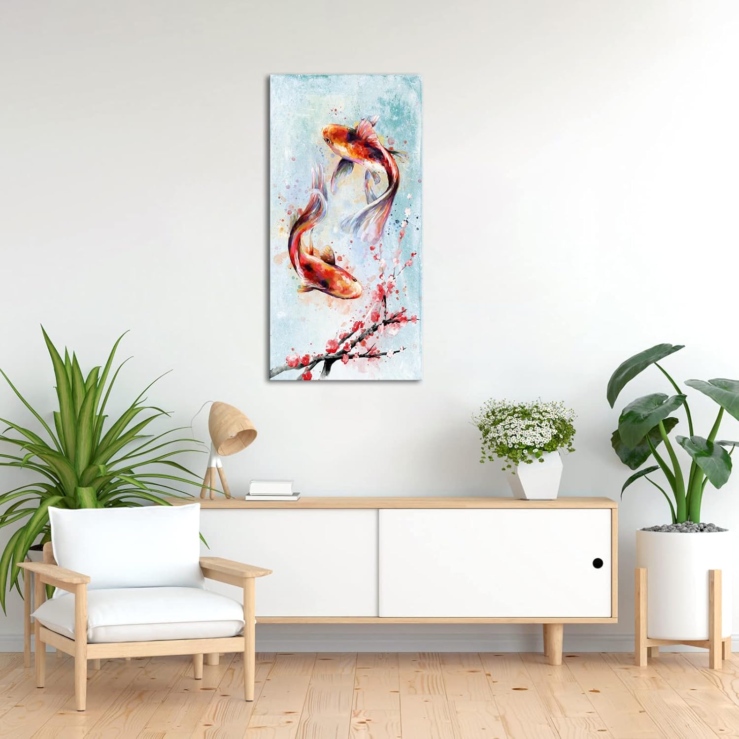 LyerArtork Koi Fish Canvas Wall Art Horizontal Traditional Chinese Watercolor Painting Asian Style Plum Blossom Picture Modern Abstract Artwork for Living Room Bedroom 20x40inch