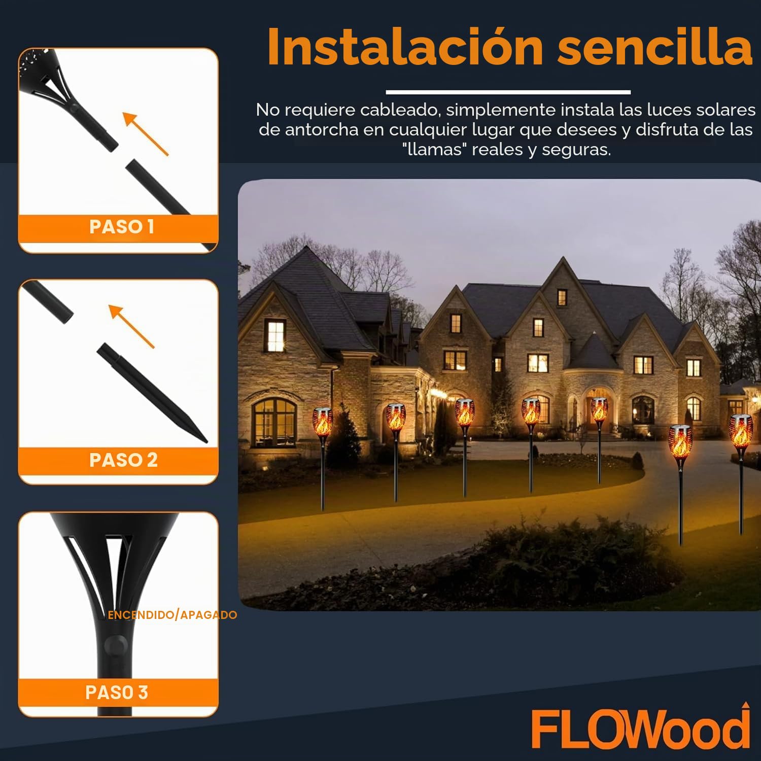 FLOWood Luces solares para jardín al aire libre, paquete de 2 luces solares grandes de 96 LED, llama parpadeante, luces solares para exteriores del anochecer al amanecer, luces de camino impermeables