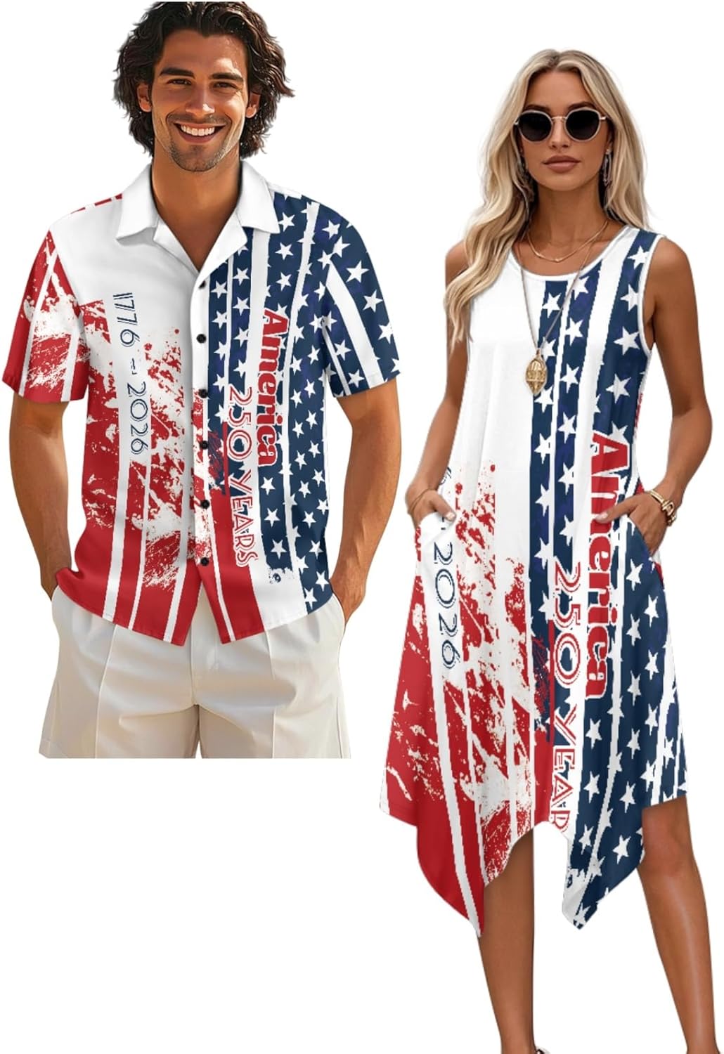 Matching Hawaiian Outfits for Couples Short Sleeve Men Hawaiian Shirt and Womens Sleeveless Midi Dress
