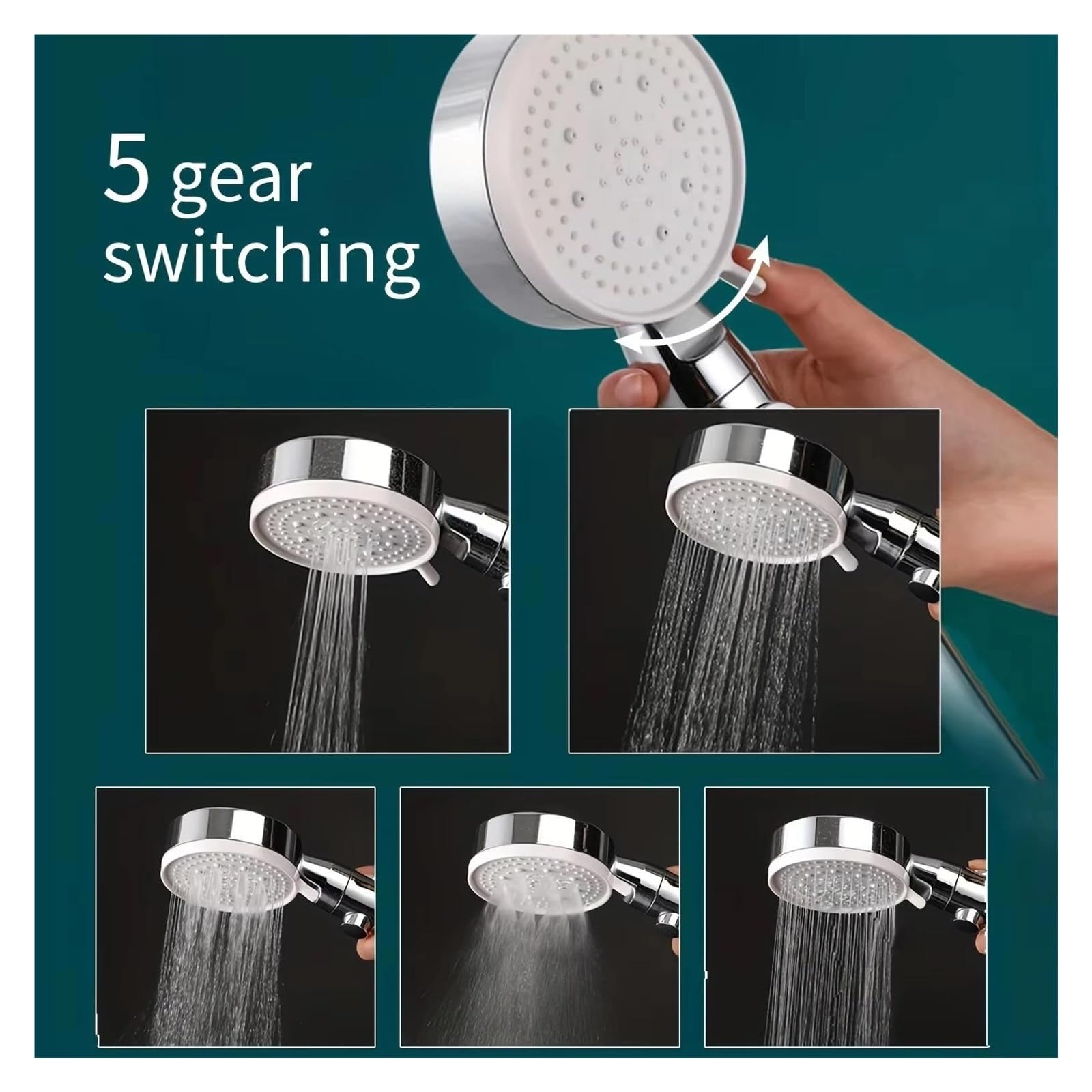 Cabezal de Ducha de Alta presión con 5 configuraciones Ajustables, Interruptor de Parada para Ahorro de Agua, Manguera Flexible y Soporte - Juego de baño Cromado de 3 Piezas para u