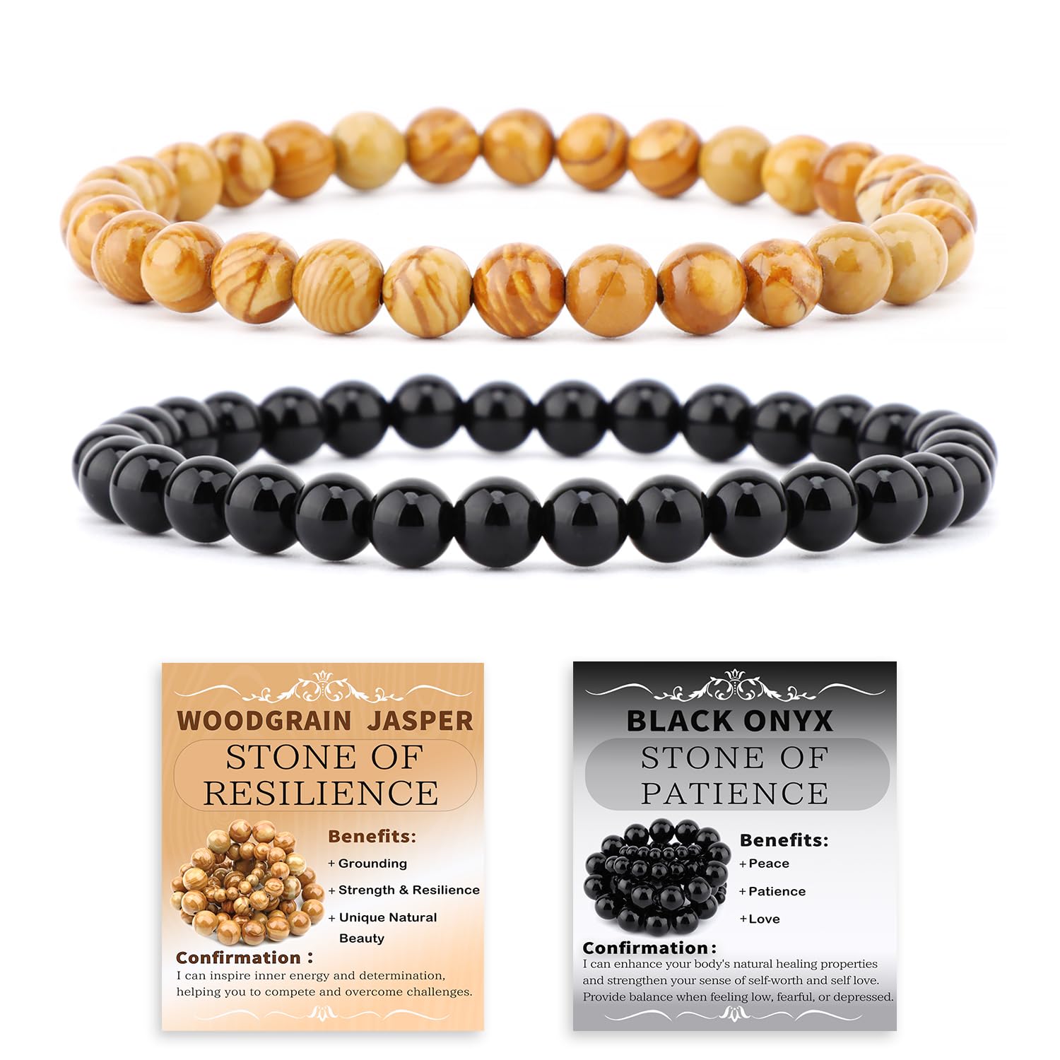 NCB Natural Bracelet c75213 Black Onyx Woodgrain Jasper Stretch Bracelets, 6mm Beads | Stone of Resilience - main product image