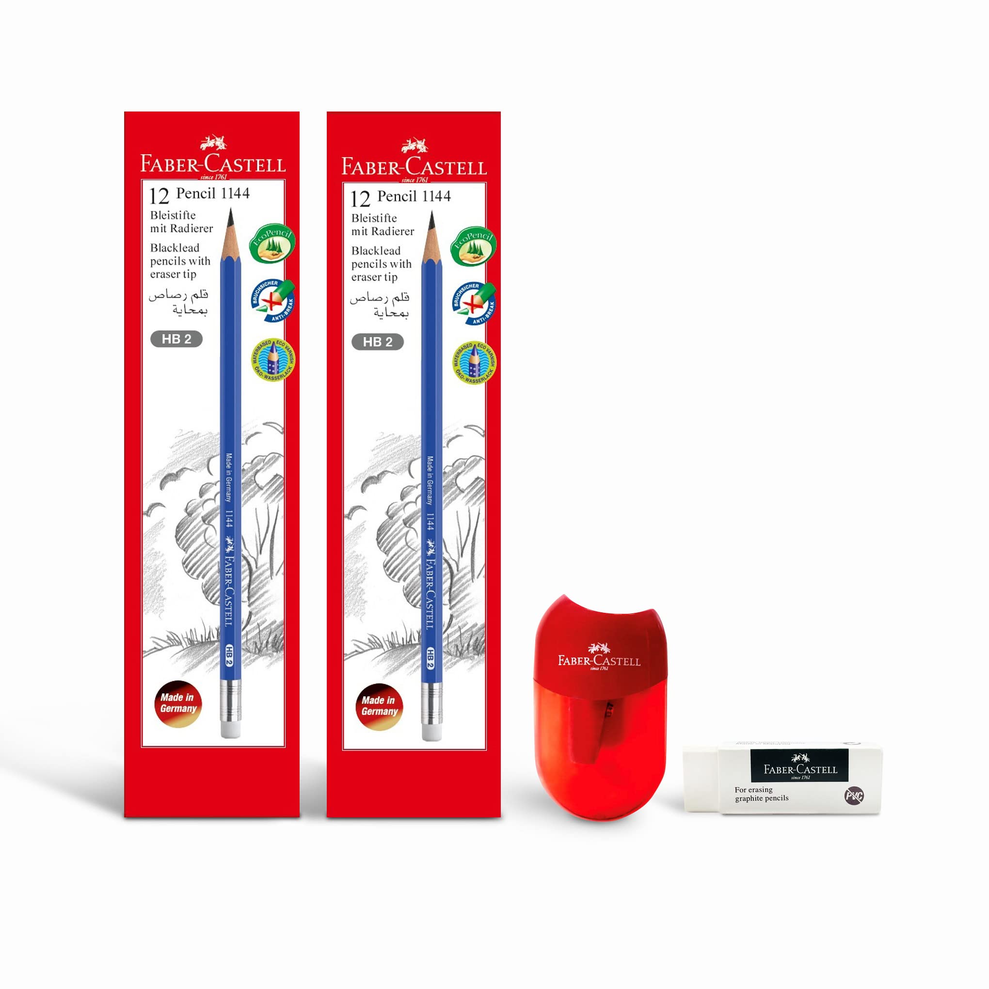 Faber-Castell Writing Combo Pack- Graphite Pencil HB 2Box (24pcs) + Single Hole Plastic Sharpener 1Pc + PVC Free Eraser 1Pc