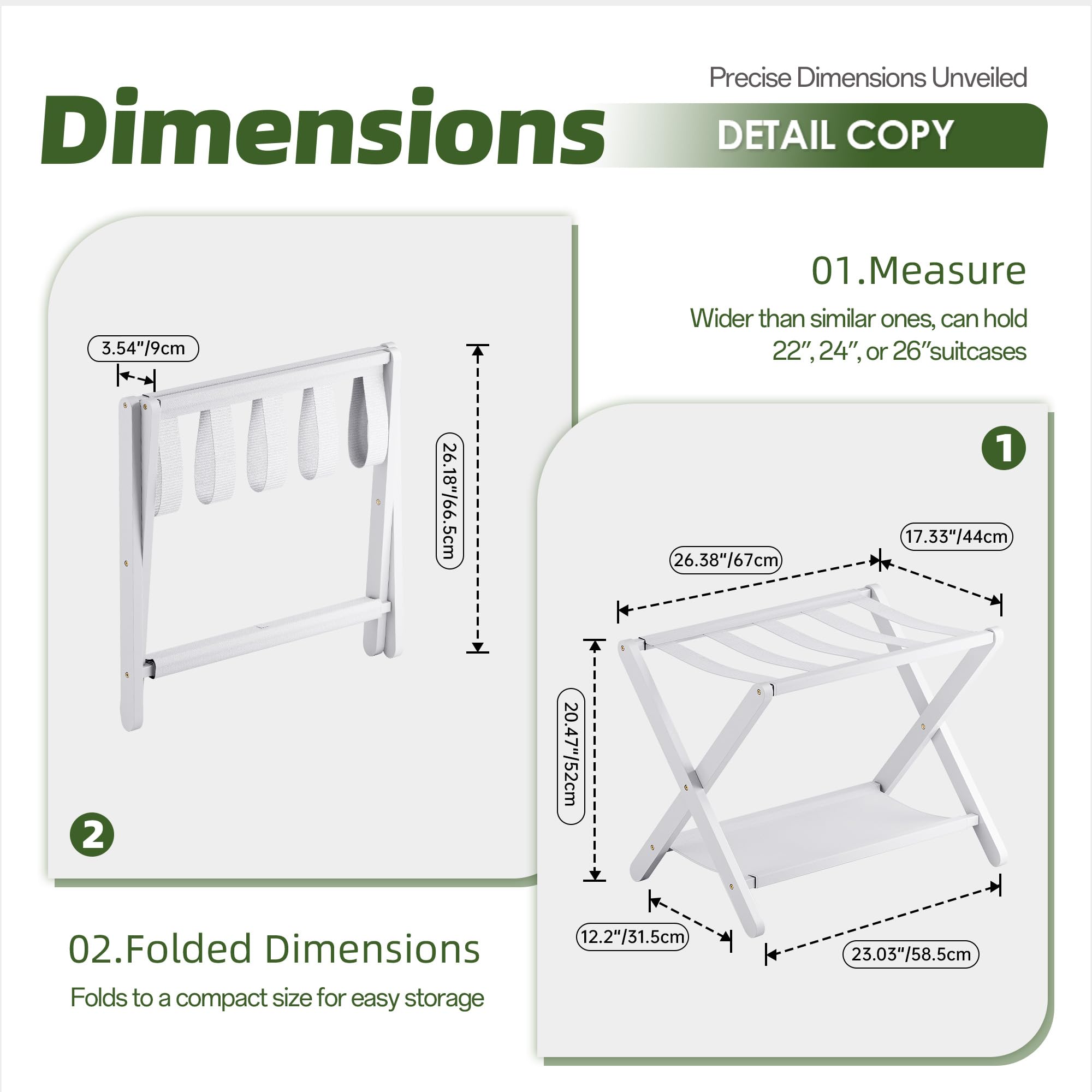 Portaequipajes, Juego de 2, Soporte plegable para maletas con estante de almacenamiento, Portaequipajes de bambú premium para habitación de invitados, hotel, Soporta hasta 61 kg (Blanco)
