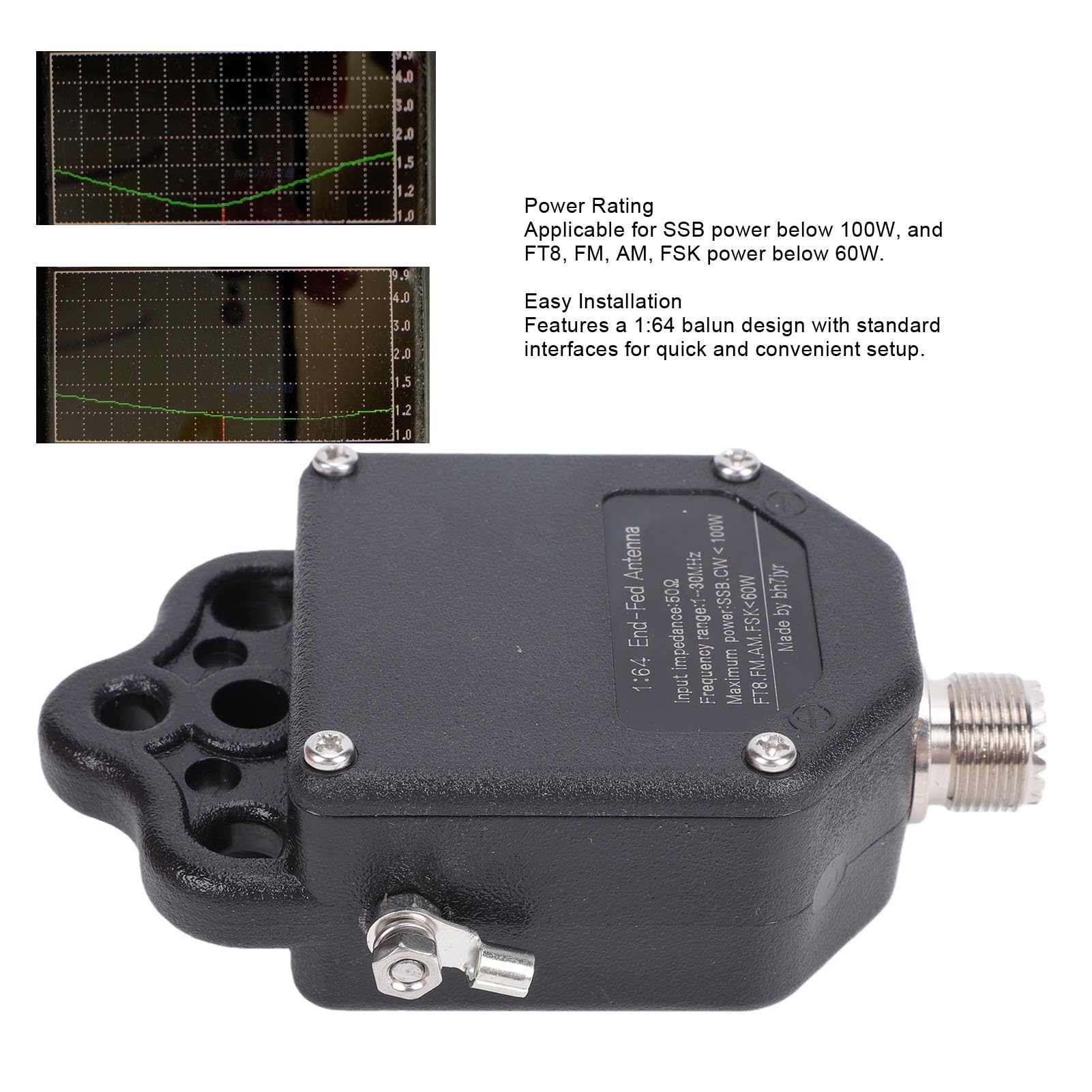 Eacam Antenne End-fed da 100 W e Balun 1:64 per Applicazioni Radio a Onde Corte, Compatte e Facili da Installare per gli Appassionati di Radio, Materiale ABS di Alta qualità