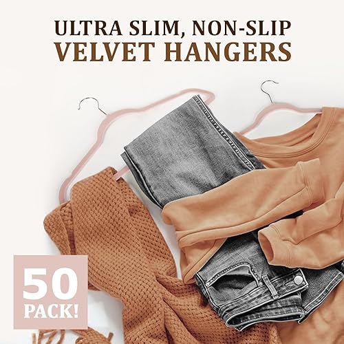 Miniatura 2 de Paquete de 50 perchas de terciopelo de alta calidad, perchas rosas resistentes para abrigos, pantalones y ropa de vestir, juego de perchas