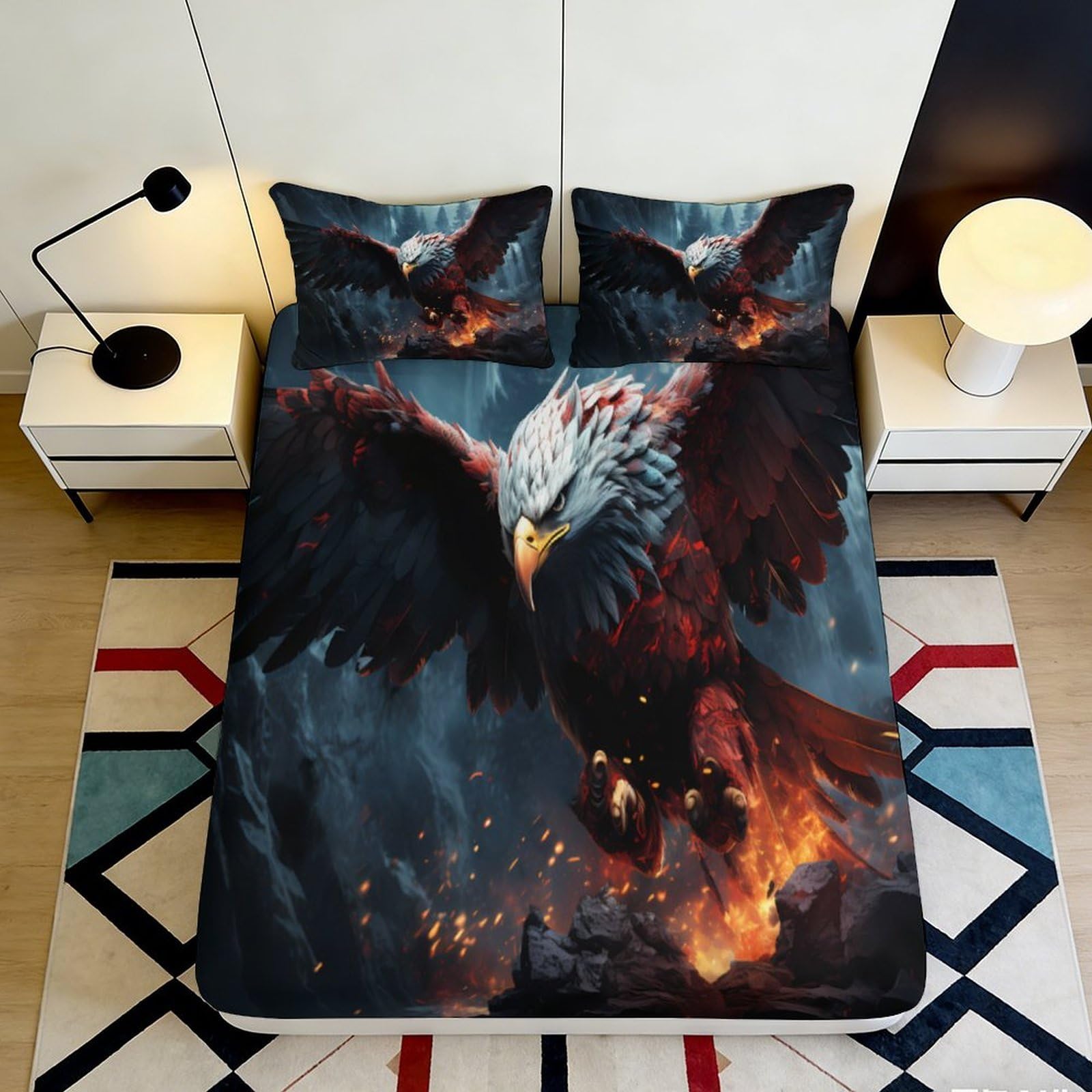 3D Printed Fiery Eagle Fitted Sheet Microfiber Soft Anti-Slip Bedroom Decor Storm Eagle Mattress Cover 90x200x25cm