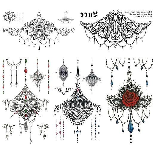Glaryyears Chest Lace Temporary Tattoos for Women Female, 5 Pack Black Underboob Fake Realistic Large Long Lasting Creative Tattoo Stickers, Sexy Diamond Pendant Flower Styles on Body