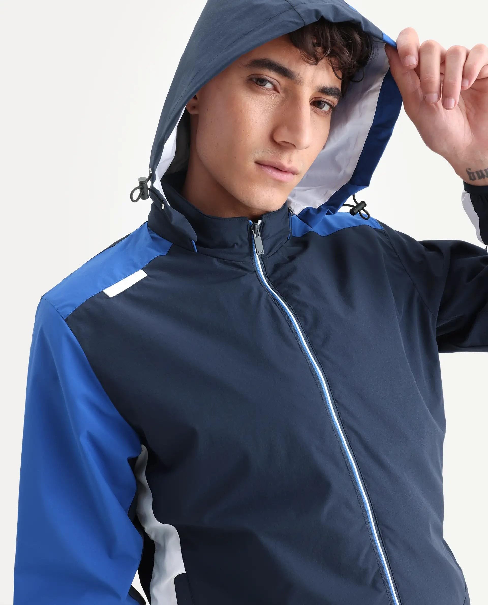 RARE RABBIT Men's Wando Dark Blue Polyester Blend Ombre Regular Fit Full Sleeve Hooded Jacket 2