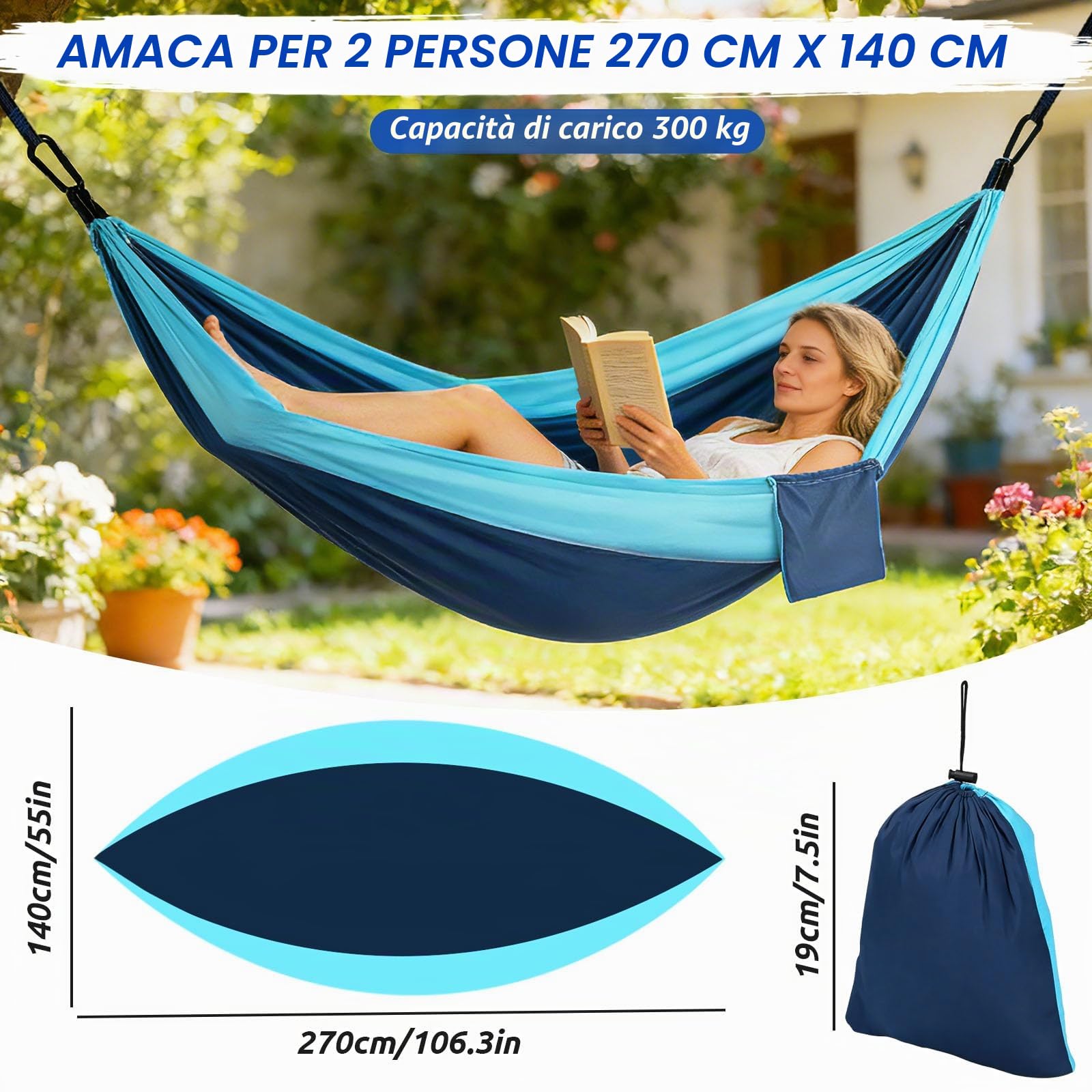 Amaca da Campeggio, Amaca Matrimoniale Portatile, (270 x140 cm) Amaca da Campeggio da Viaggio Ultraleggera per Campeggio, Backpacking e Escursionismo