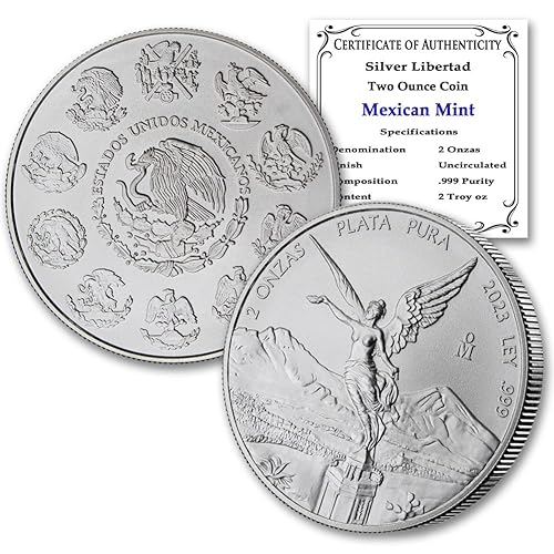 2023-2 oz Mexican Silver Libertad Coin Brilliant Uncirculated with Certificate of Authenticity - Moneda de Plata Pura de Ley 2 Onzas Seller BU