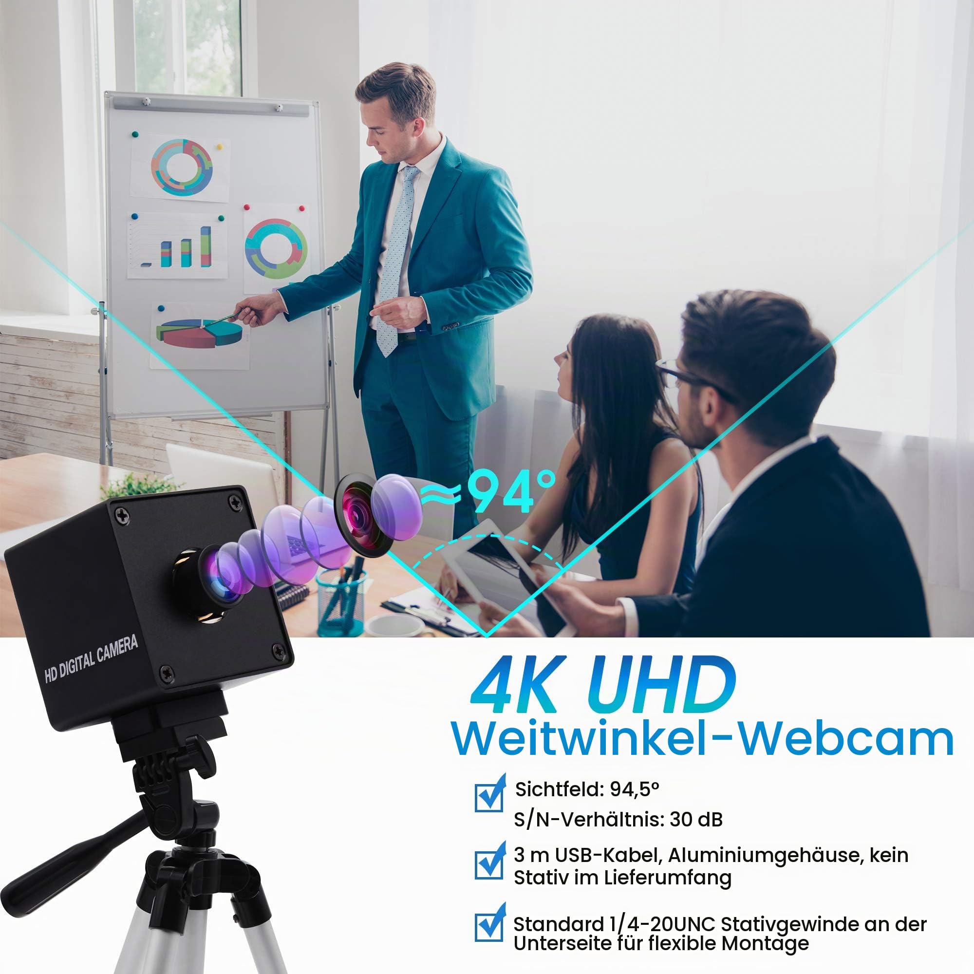 ELP 4K Hochauflösende Webcam Ultra HD Autofocus USB Kamera mit No-Distortion Objektiv,IMX415 Sensor Web Kamera Support 3840x2160@ 30fps,UVC Compliant Web Kameras Support Most OS (USB4K02AF-KL100)