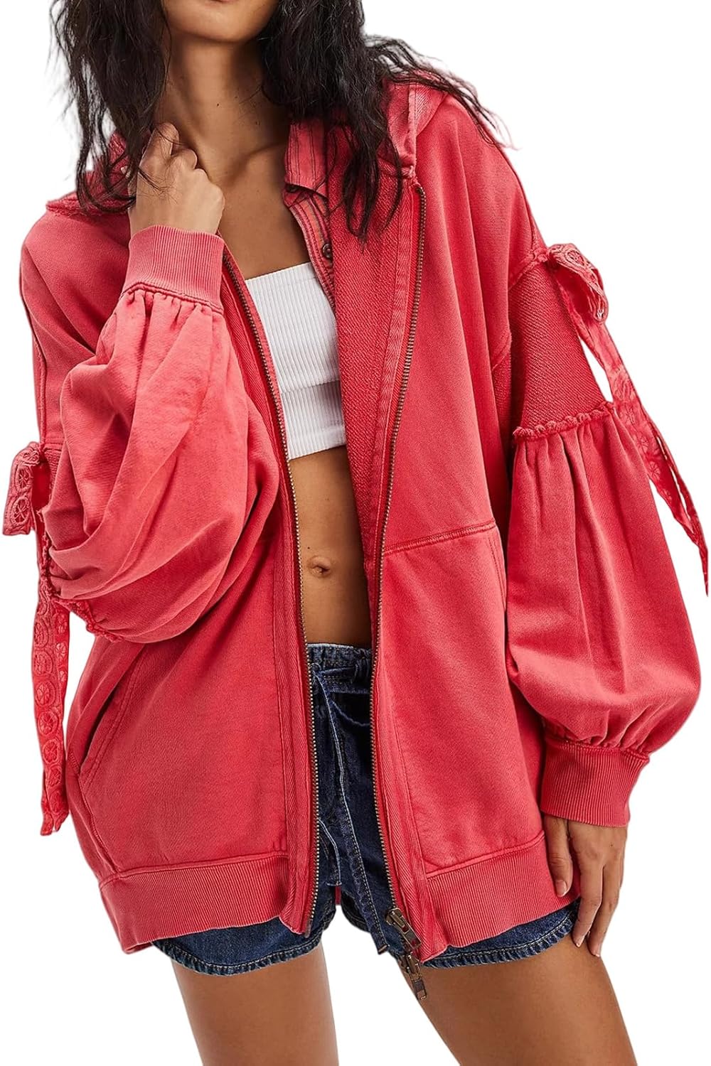 Womens Open Front Oversized Sweatshirt Loose Fit Teen Girls Fall Jackets 2025 Cute Balloon Sleeve Bow Hoodie