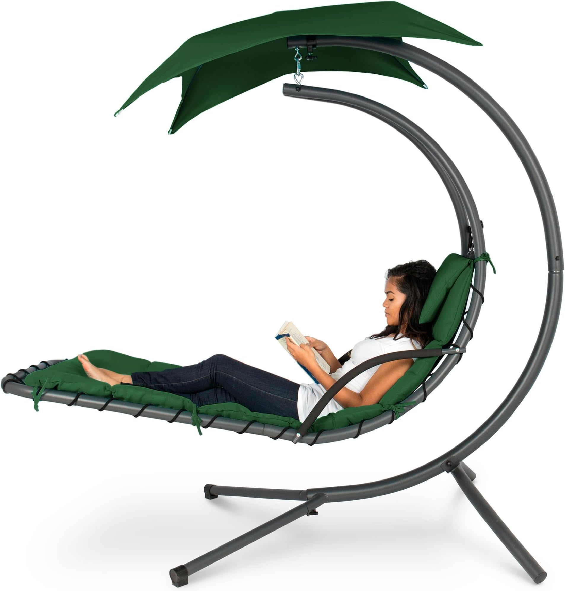 Best Choice Products Outdoor Hanging Curved Steel Chaise Lounge Chair Swing w/Built-in Pillow and Removable Canopy - Green