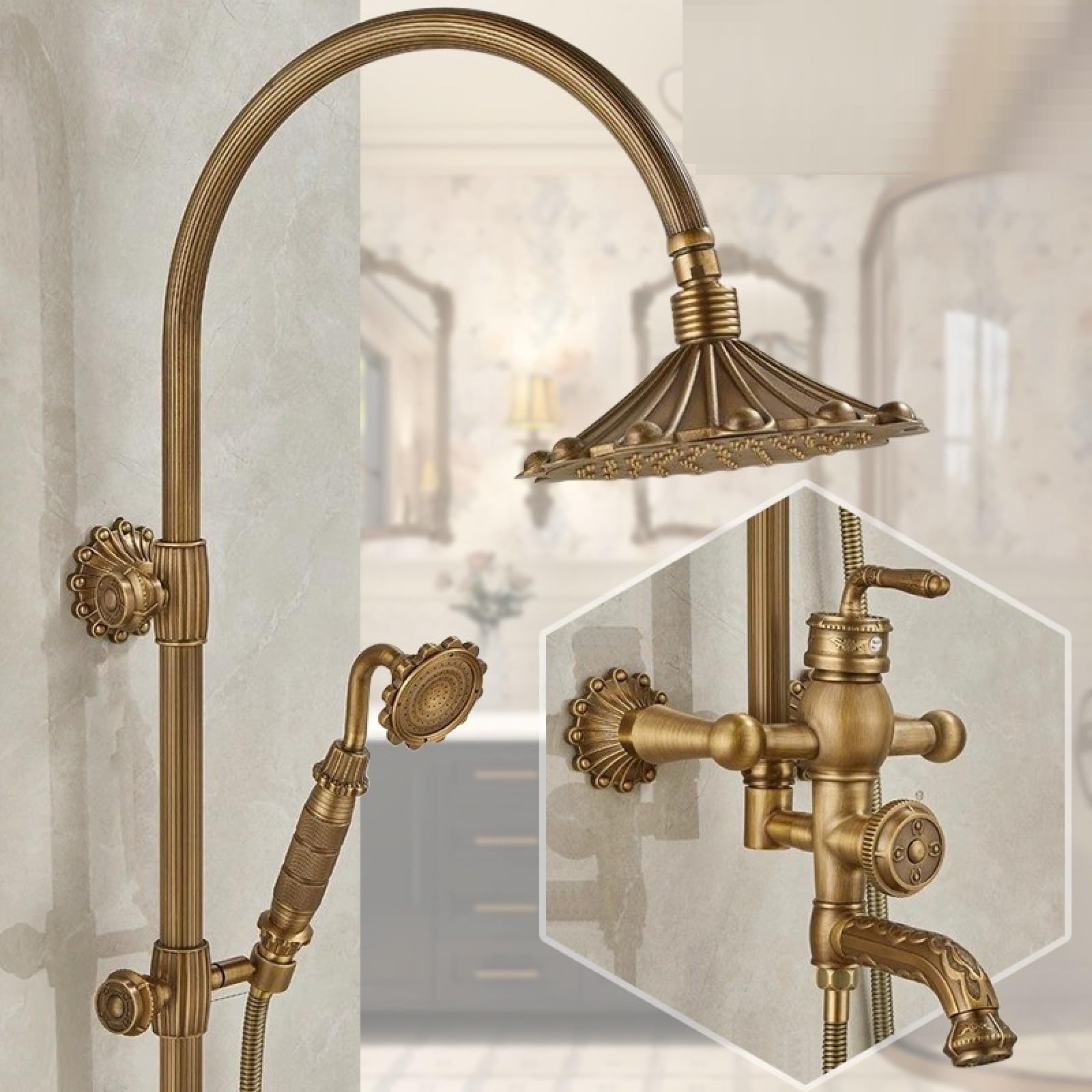 Fanjubei U1 Bathroom All-Copper Antique-Style Adjustable Adjustable Shower And Shower Set