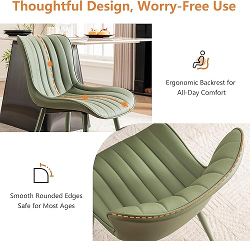 Miniatura 7 de YOUNUOKE Mid-Century - Juego de 2 sillas de comedor modernas tapizadas de piel sintética verde con patas de metal verde, silla decorativa sin brazos