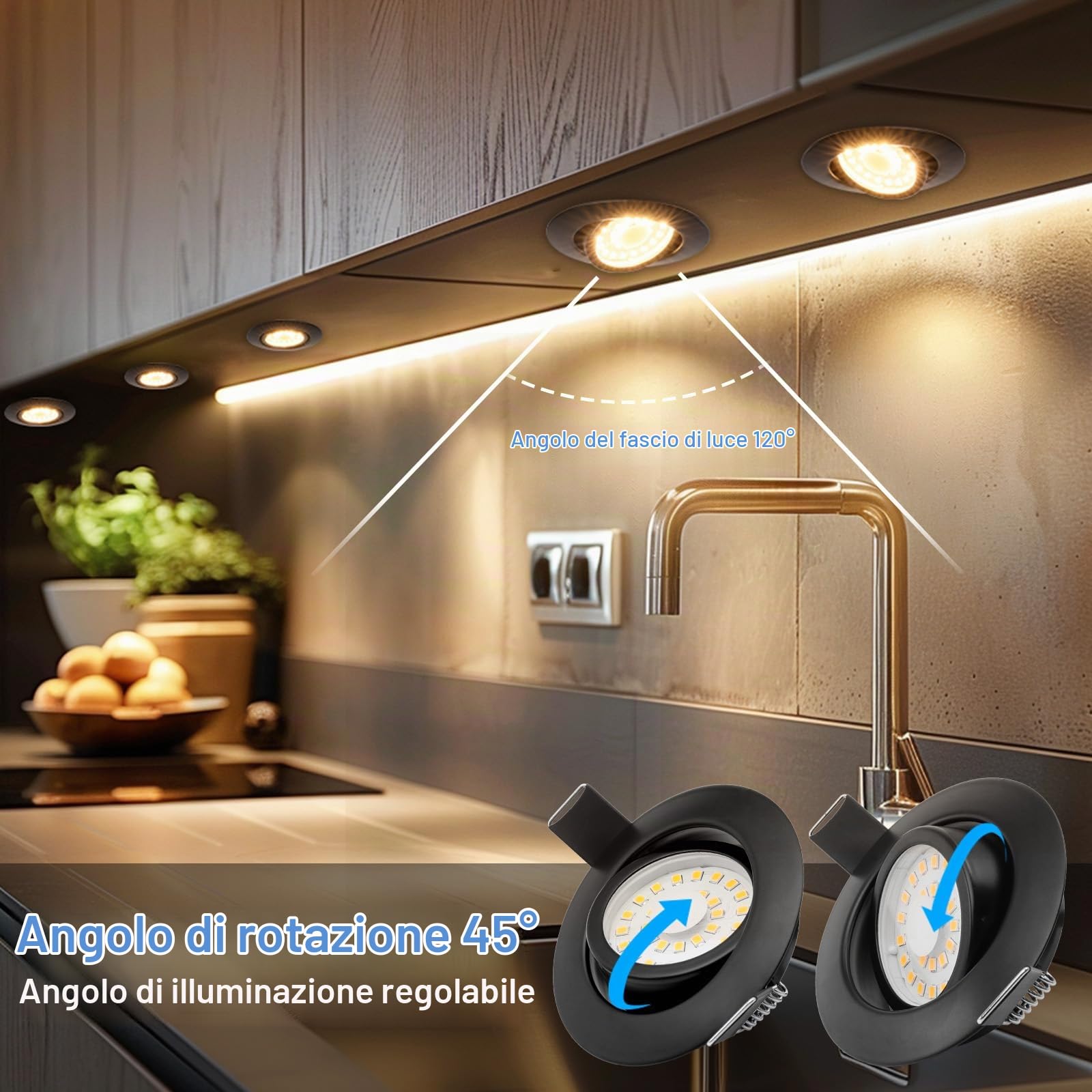Faretti LED Incasso per cartongesso Dimmerabili 5W Nero Faretti LED Ultrasottili Faretti da Soffitto 45° Orientabili Bianco Caldo 3000K 500LM, Diametro Foro 68-75mm, IP44 Faretti da Incasso, Set di 6