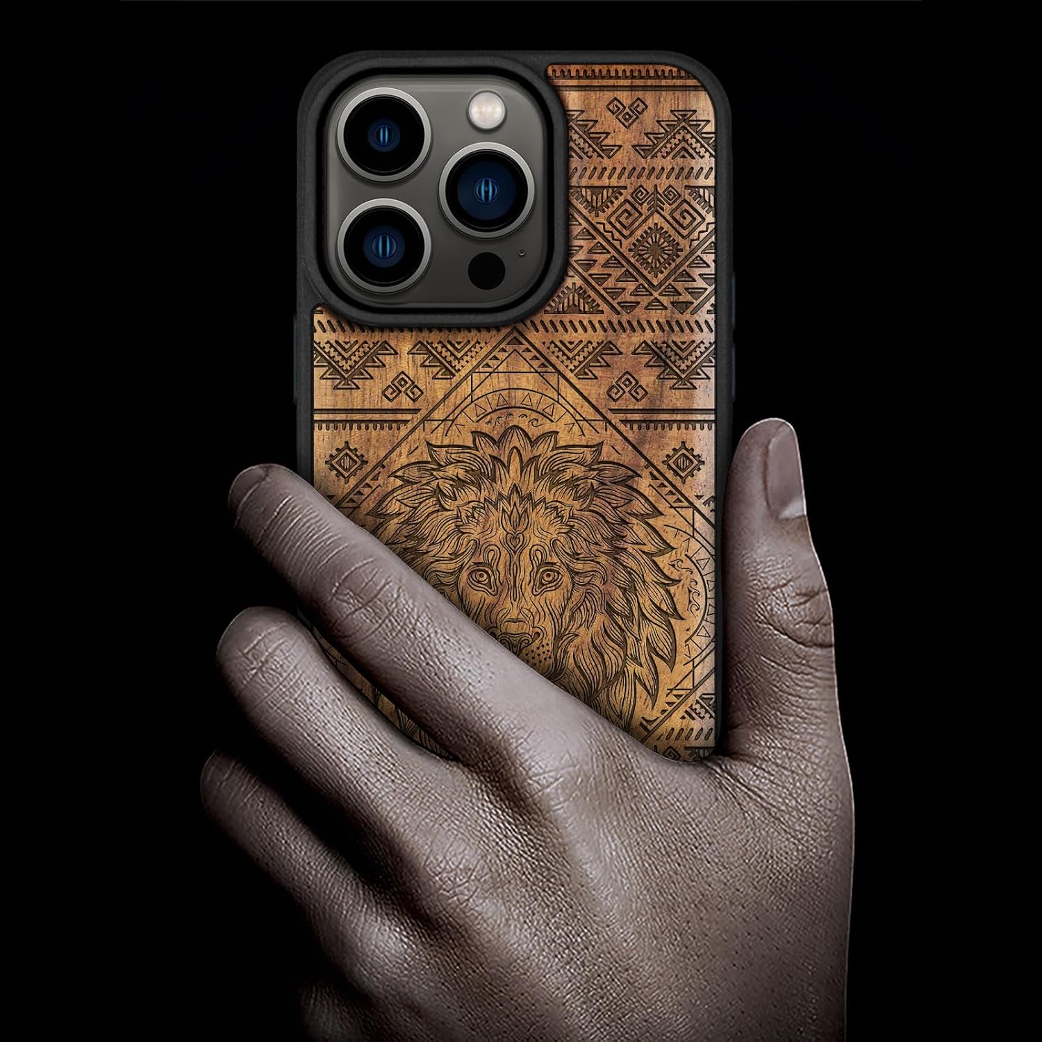 Carveit Magnetic Wood Case for iPhone 14 Pro Case [Natural Wood & Black Soft TPU] Unique & Classy Wooden Shockproof Protective Cover Compatible with magsafe (Filigree Lion -Walnut)