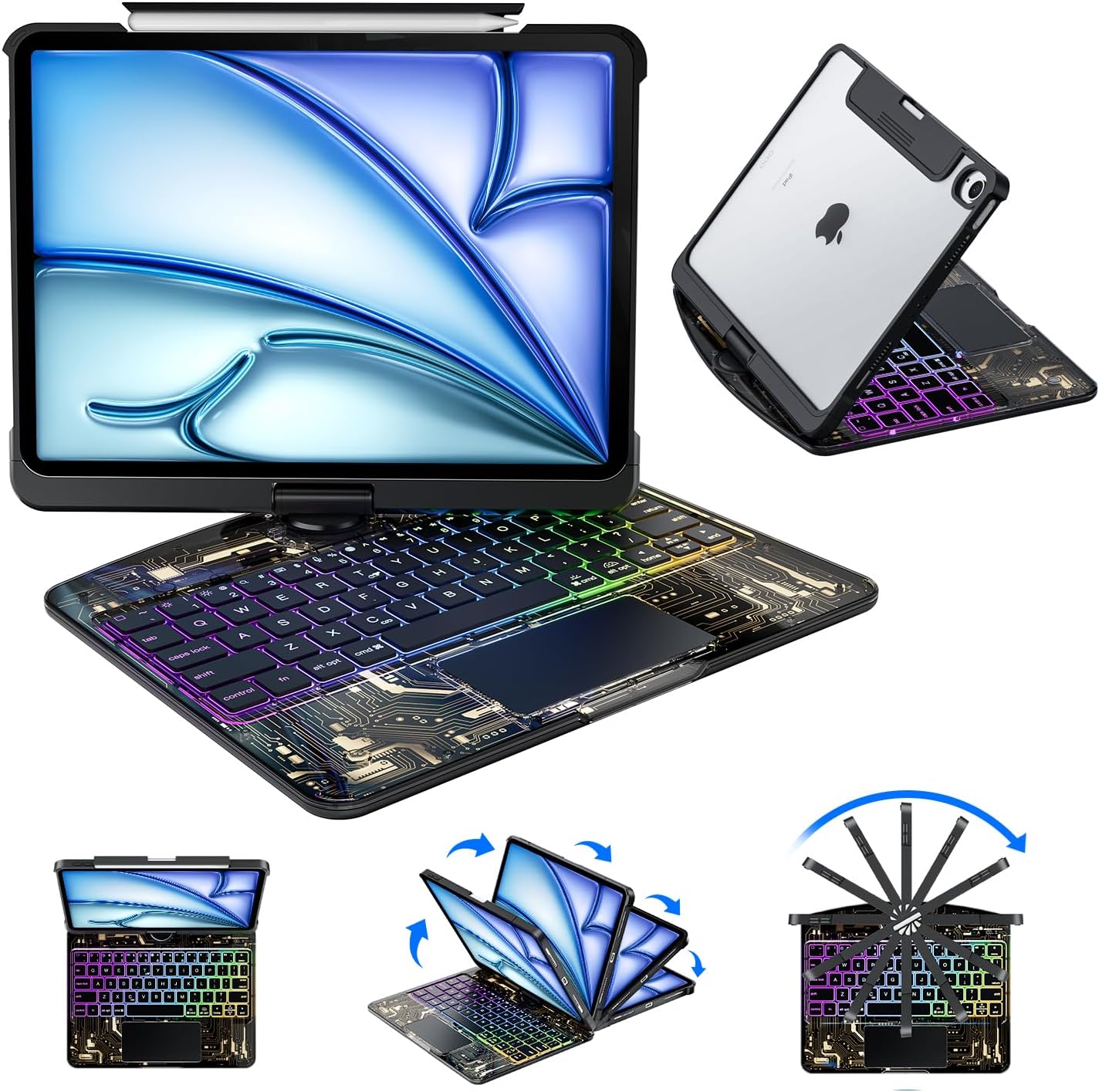 iPad Air 13 inch Keyboard Case (M3/M2, 2025/2024) & iPad Pro 12.9 inch (6th/5th/4th/3rd Gen), Clear Keyboard Case with Multi-Touch Trackpad,360° Rotating Stand,Pencil Holder, Black