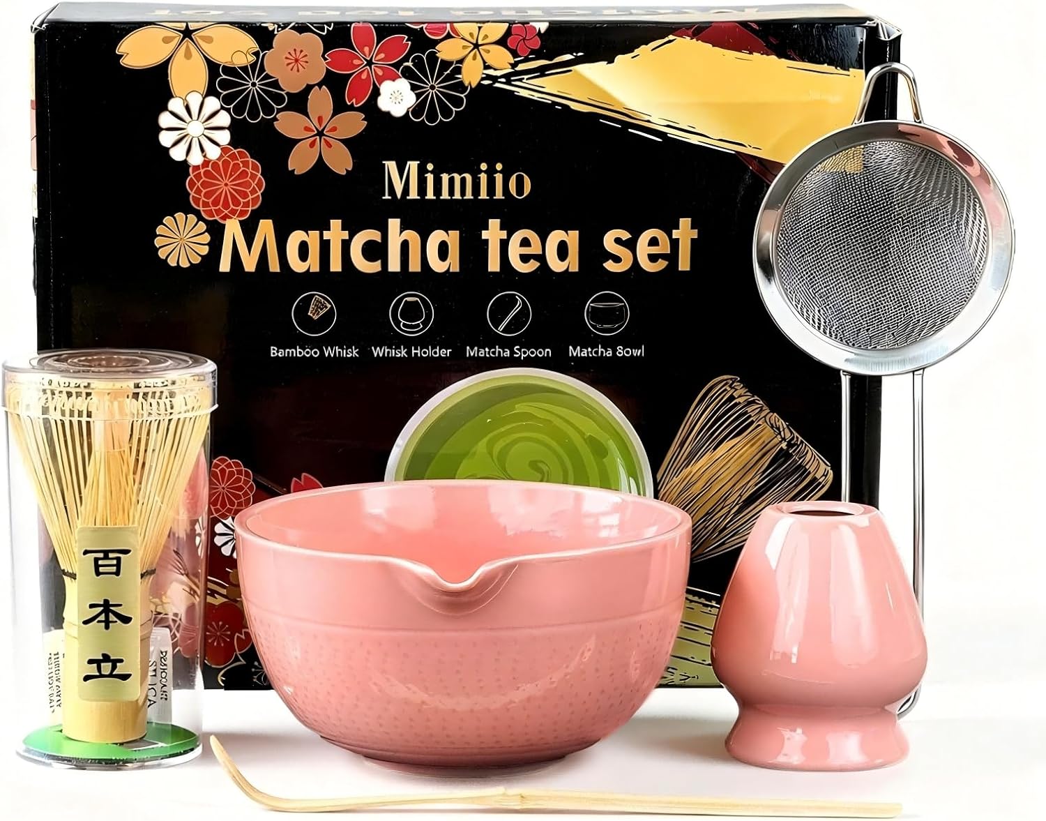 Mimiio Pink Matcha Whisk Set, 5 Pcs - Pink, Ceramic & Bamboo, Japanese Traditional Matcha, Includes Bowl, Whisk, Holder, Sifter, Scoop