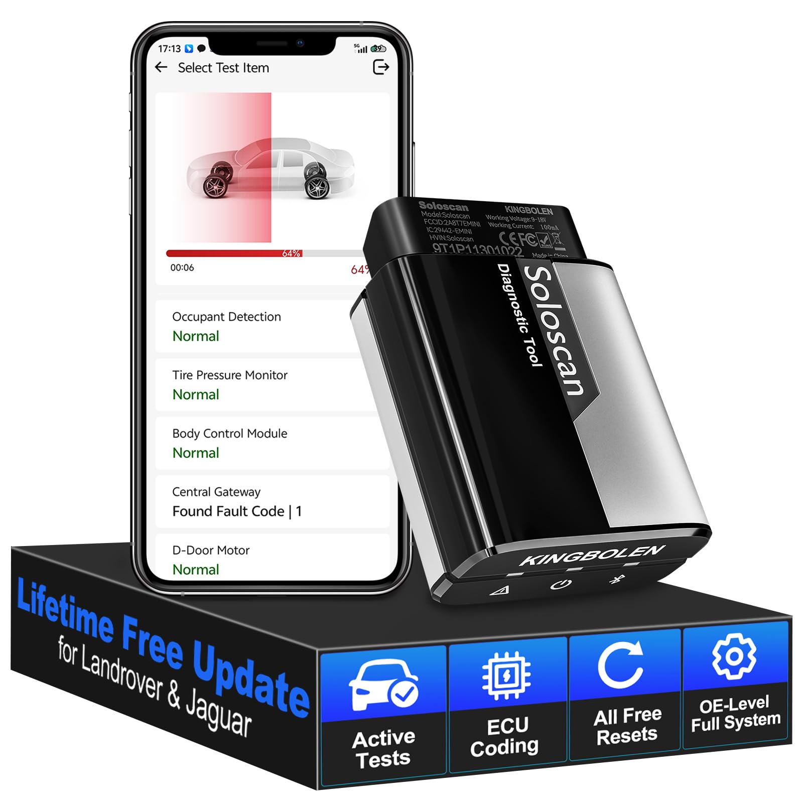 KINGBOLEN Soloscan diagnostyka OBD2 dla Land Rover/Jaguar, diagnostyka samochodowa Bluetooth, diagnostyka wszystkich systemów, 50+ resetów, kodowanie ECU, bezpłatne aktualizacje