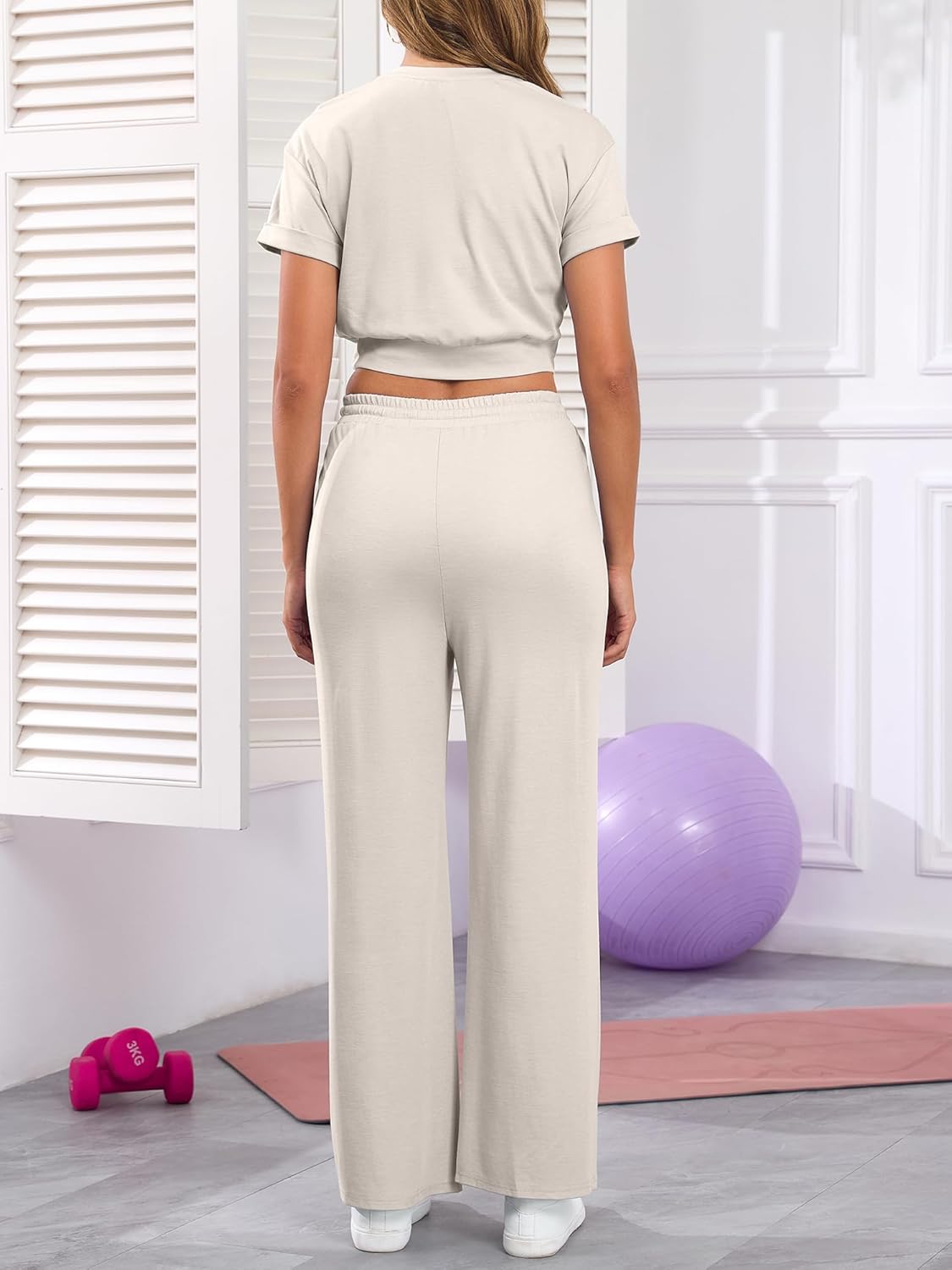 Two Piece Sets for Women Summer Outfits Lounge Sets Twist Front Crop Tops Wide Leg Pants Vacation Travel Clothes - Image 2