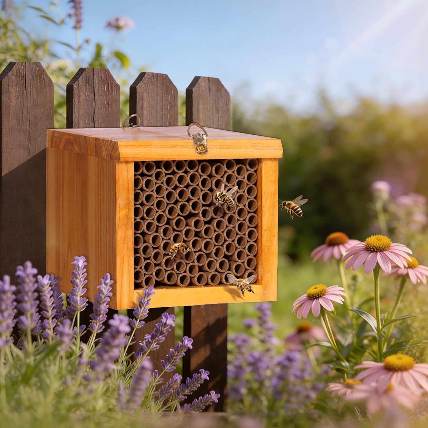 Mason Bee House - Colmena de abeja recubierta de cera, casa de abejas carpintero para el jardín, hotel de abeja solitaria impermeable, caja de madera natural hecha a mano para abejas pequeñas, atrae a