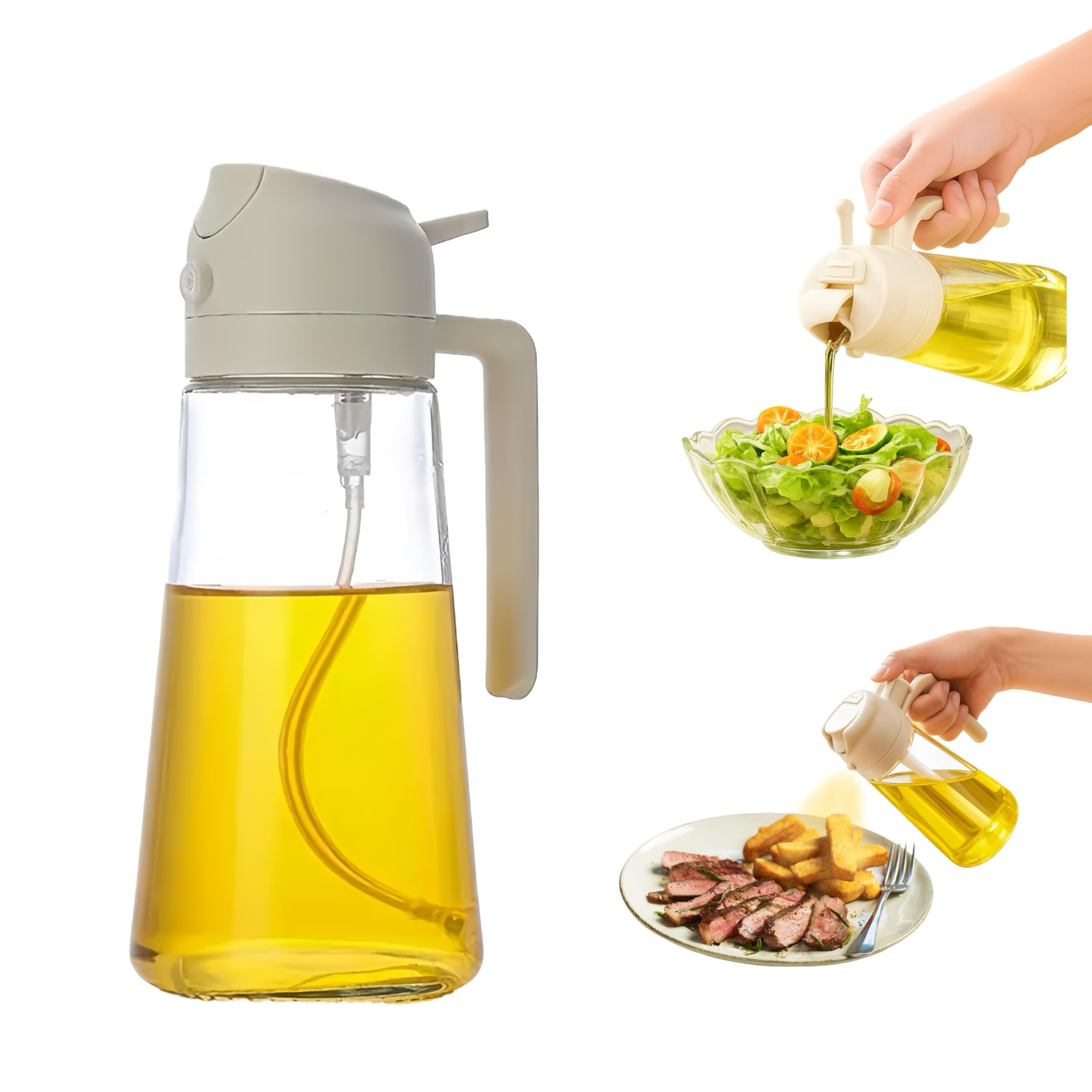 2-in-1 Oil Bottle Spray and Pourer 430 ml – Glass Bottle with Drip Resistant, Fine Sprayer and Controlled Pouring – Oil Dispenser for Air Fryer, Healthy Cooking, Salads and Barbecues