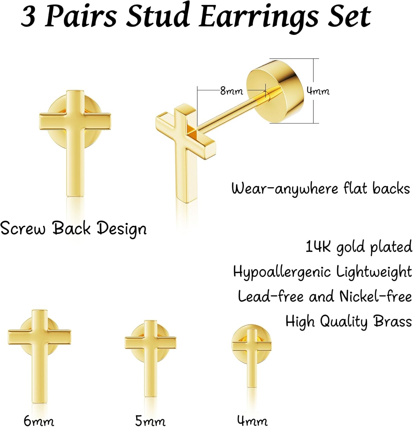 3 Pairs Small Flat Back Stud Earrings for Women-14K Gold Plated Hypoallergenic Dainty Screw Back Flatback Earring Set Post Pierced Studs Stacks Gold Jewelry Gifts - Image 3