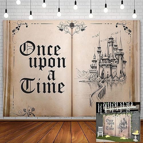 Telón de fondo de libros de cuentos de hadas de 7 x 5 pies, libro de apertura antigua, decoración de fiesta, castillo antiguo, princesa, boda,