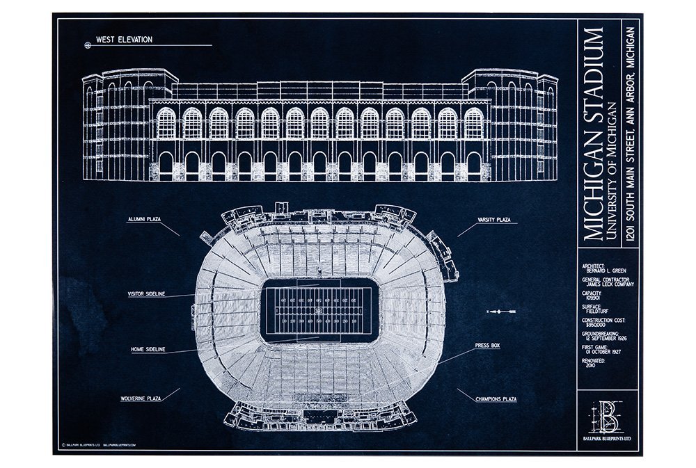 Michigan Stadium Blueprint Style Print