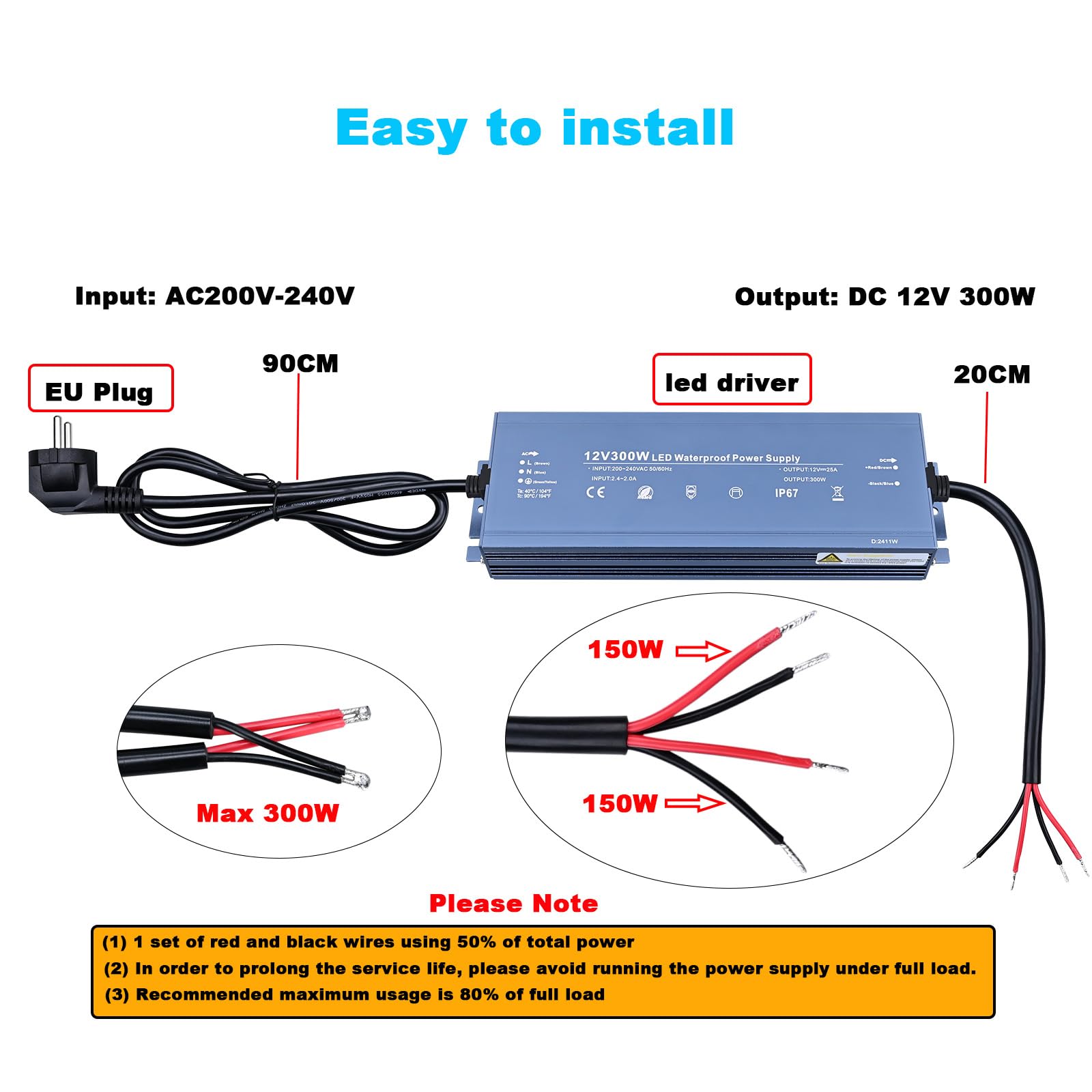 TOPAI Fuente de Alimentación 12V 300W IP67 Impermeable Certificación CE Transformador CA 220V-240V a CC 12V 25A Carcasa de Aluminio Con Enchufe UE