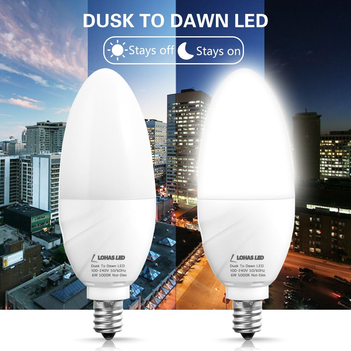 LOHAS Smart Light Sensor Bulb E12, 60W Equivalent Candelabra LED Bulbs Dusk to Dawn Night Light, Outdoor Porch Lights Automatic, Daylight 5000K 6W LED Candle, Hallway Driveway Garden Yard Light, 2Pack