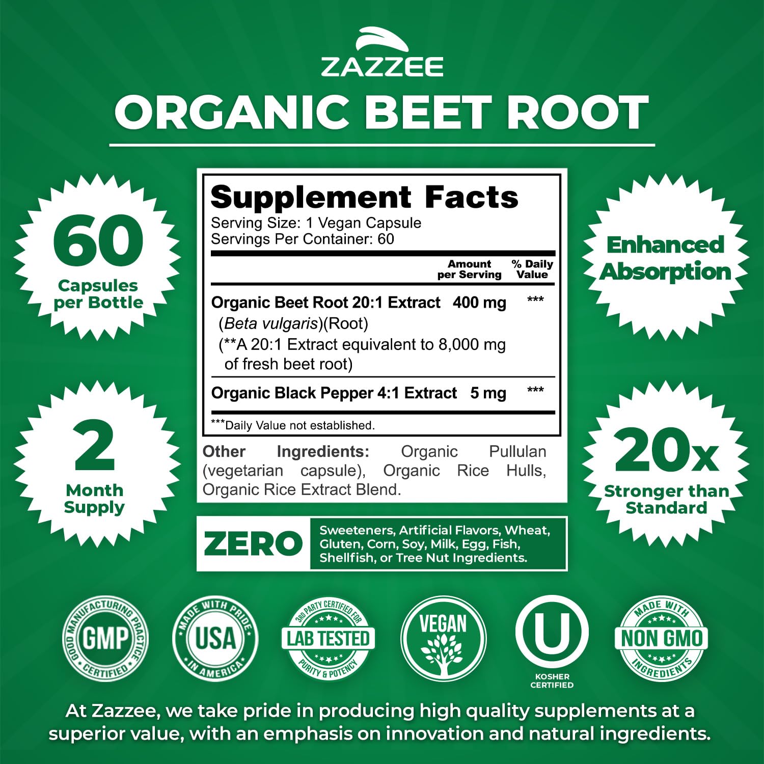 Zazzee USDA Organic Beet Root 20:1 Extract, 60 Quick Release Capsules — Amazon image 3