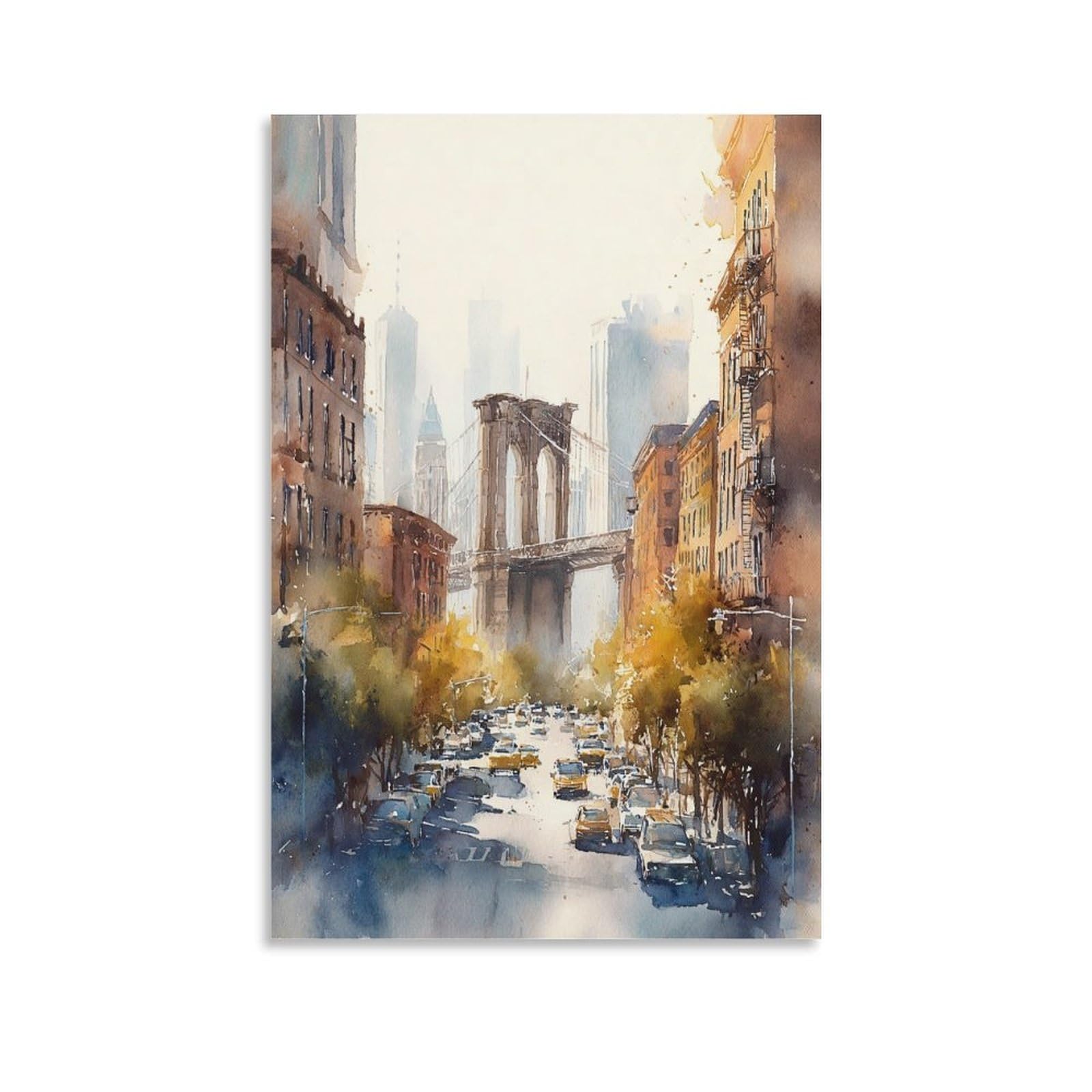 XWYMXZ Brooklyn Bridge Watercolor Painting New York Travel Posters 24x36inch(60x90cm) Vintage Watercolor Canvas Art
