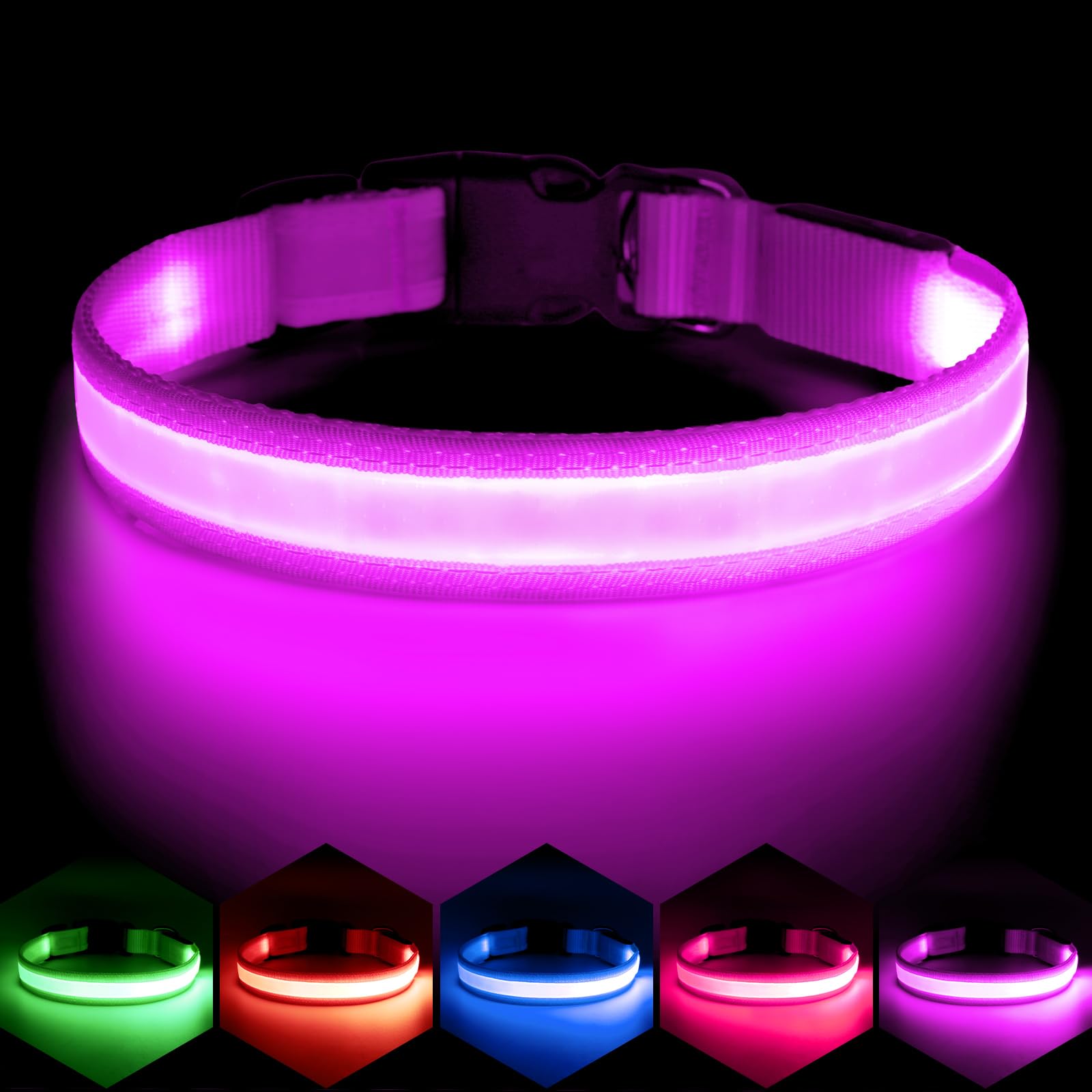 VIZPET Collare per cani a LED, regolabile, ricaricabile tramite USB, super luminoso, di sicurezza, per cani (viola, M [38-50 cm)