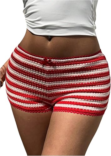 MakeMeChic Women's Y2k Striped Crochet Micro Mini Shorts Low Waist Knit Lounge S