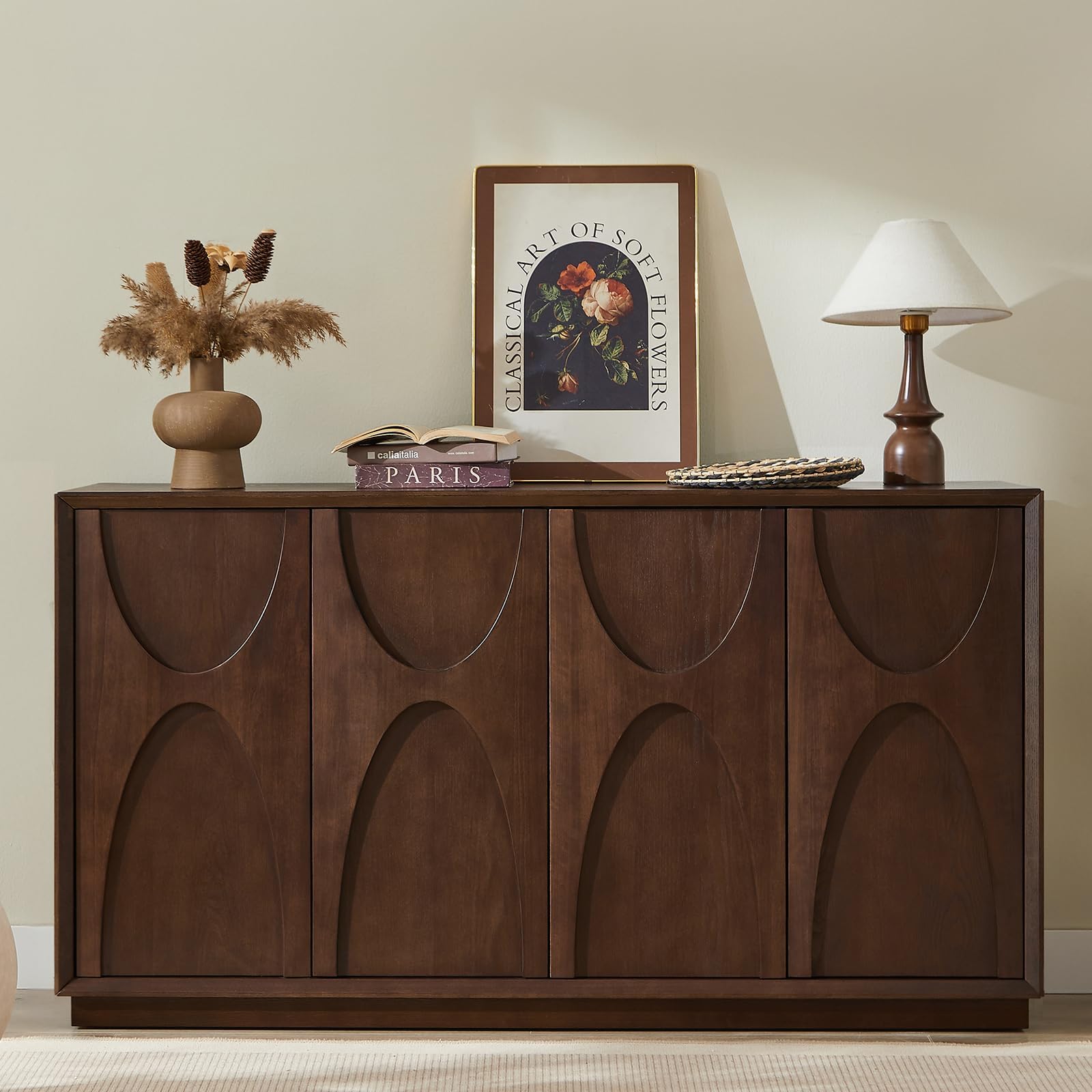 59" Sideboard Buffet Cabinet Retro Accent Storage Cabinet with Magnetic Door Latches Adjustable Shelf for Living Room Kitchen(Walnut)