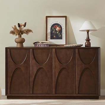 LKTART 59" Sideboard Buffet Cabinet Retro Accent Storage Cabinet with Magnetic Door Latches Adjustable Shelf for Living Room KitchenWalnut