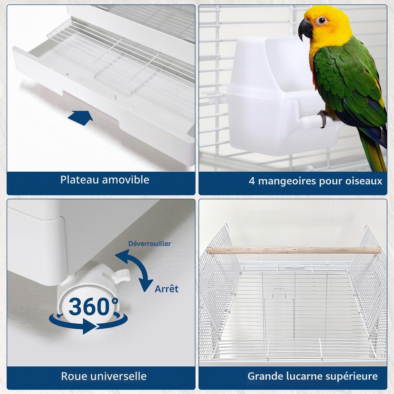 Garvee Grand Cage à Oiseaux 46x46x110cm, avec roulettes, Double Compartiment, Toit ouvrant pour Jeu, Séparation Amovible, Nettoyage Facile, Structure en Acier Durable Non Toxique pour perroquets