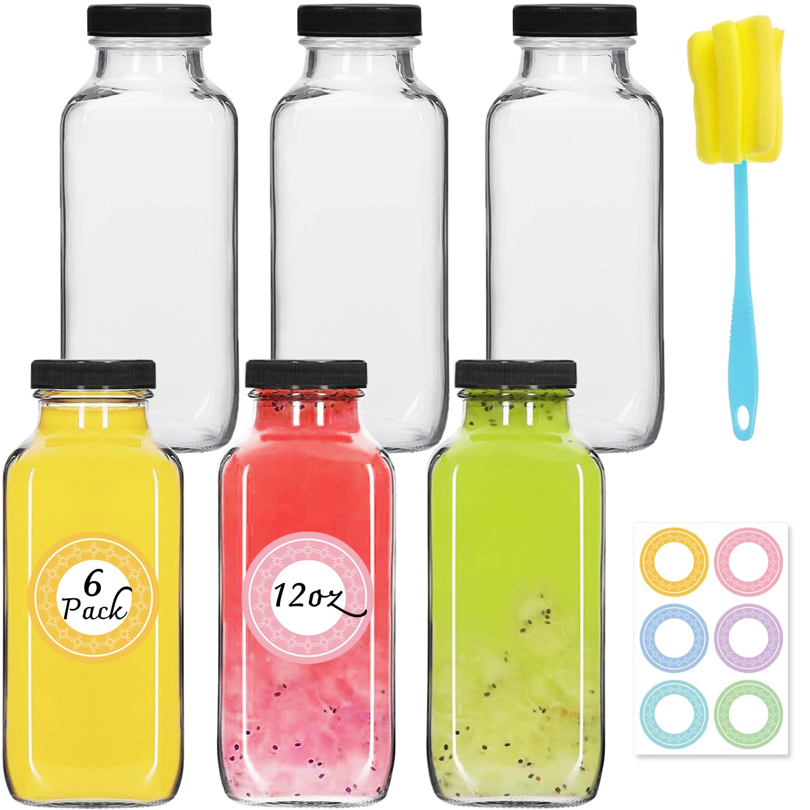 NEWMIAO 6 Pack 12oz Glass Water Bottles