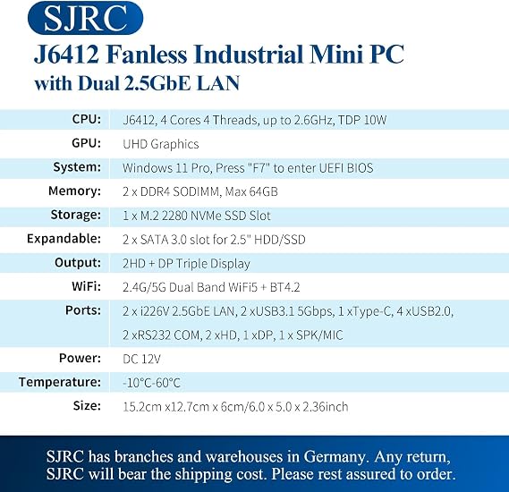 SJRC J6412 Mini PC Fanless, 2X i226V 2.5G LAN Micro Firewall Appliance 2X RS232/RS485 COM, Industrial Mini Computer Office Home, Triple 4K Display, USB C, Barebone (No RAM/SSD/OS)