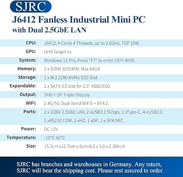 SJRC J6412 Mini PC Fanless, 2X i226V 2.5G LAN Micro Firewall Appliance 2X RS232/RS485 COM, Industrial Mini Computer Office Home, Triple 4K Display, USB C, Barebone (No RAM/SSD/OS)