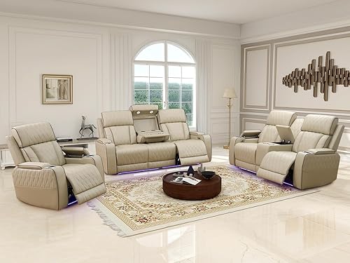 Miniatura 44 de Juego de sofá para sala de estar, sofá de dos plazas con consola de almacenamiento, portavasos, luz LED, puerto USB para apartamento, oficina