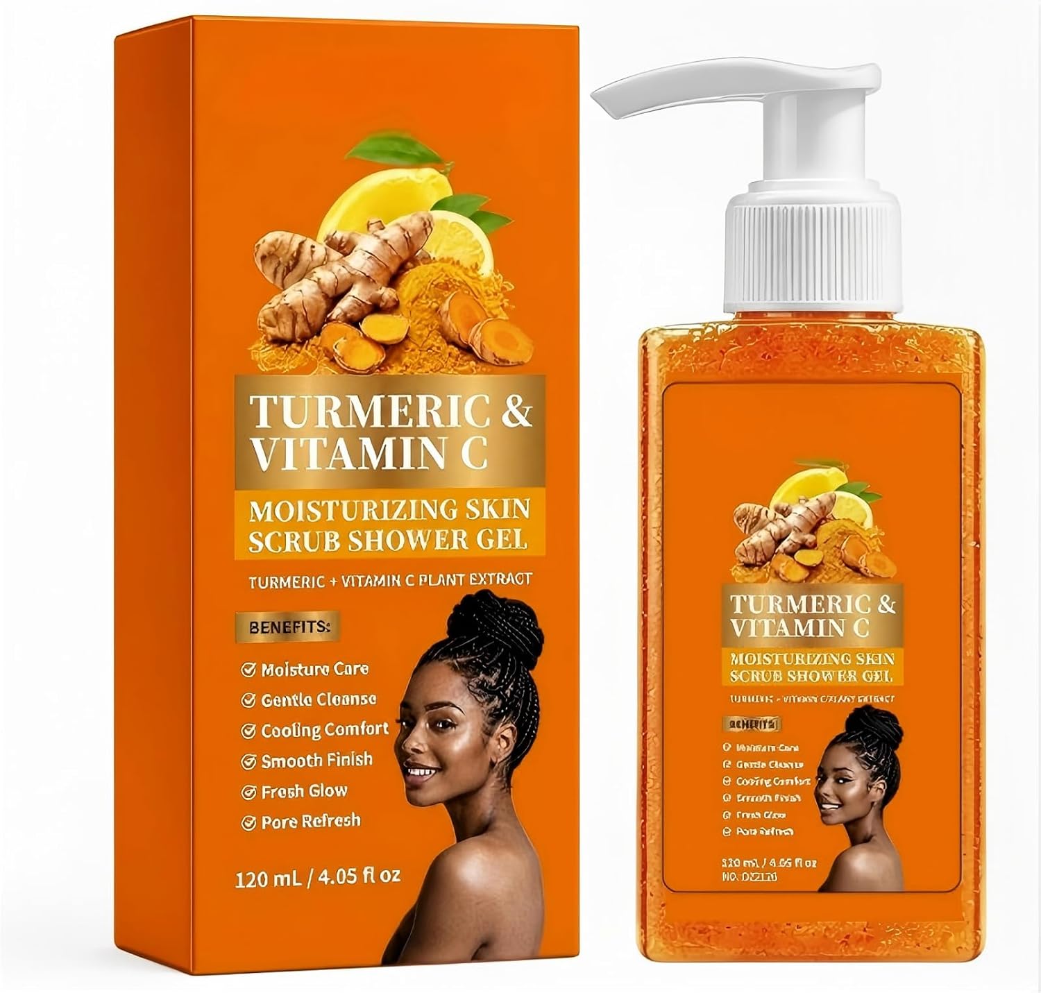 2pc Turmeric Vitamin C Orange Exfoliating Shower Gel with Cocoa Seed Scrub Particles, Mattifying Skin Brightening Body Wash to Fix Uneven Skin Texture, Gentle Daily Body Only Cleanser