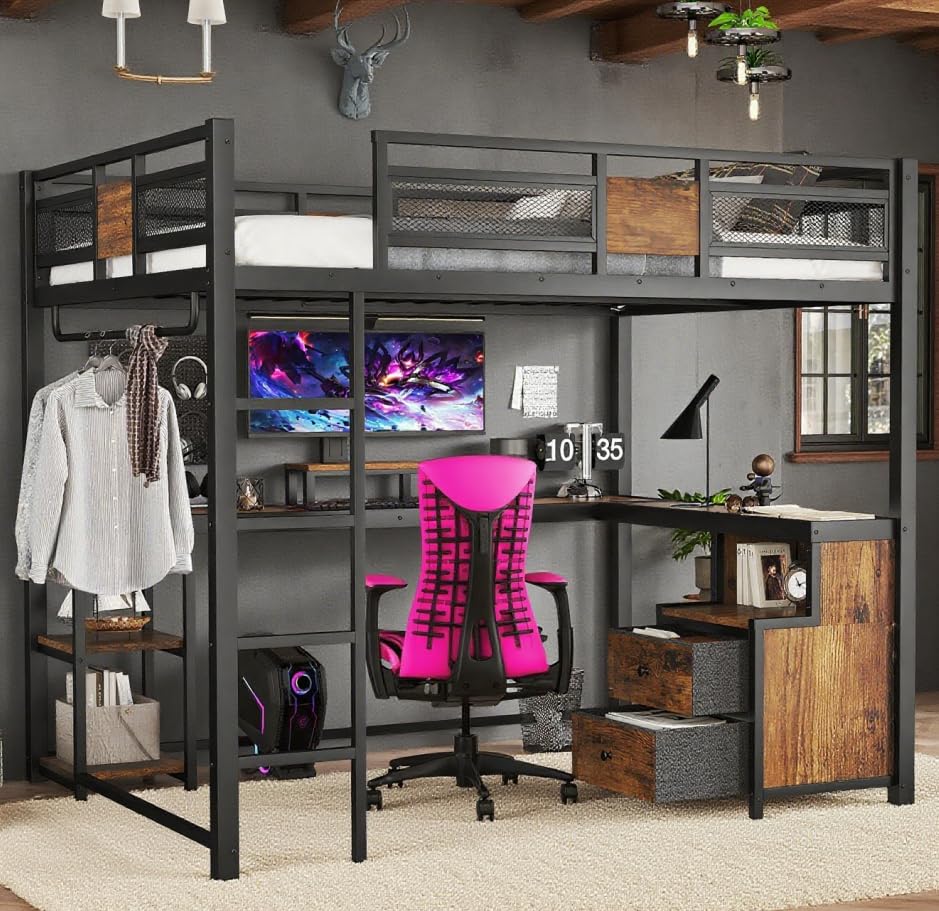 bellemave queen loft bed with desk and fabric drawer, metal queen loft bed frame with guardrail and ladder for adults, kids, teens, black ( 2 boxes total)