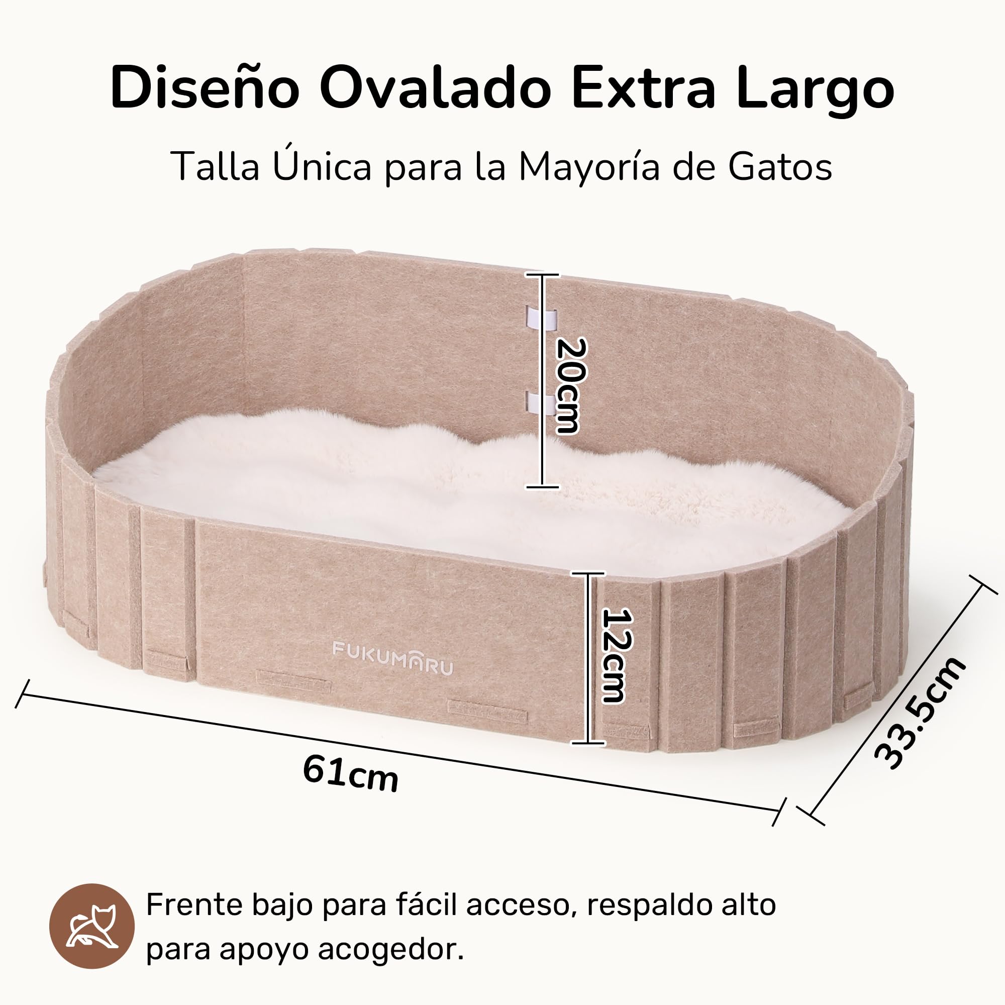 FUKUMARU Caseta para Gatos Interior - Cama Extragrande de 60 cm con cojín de Peluche imitación Conejo, sofá o casa Ovalada de Fieltro para Gatos domésticos, Beige