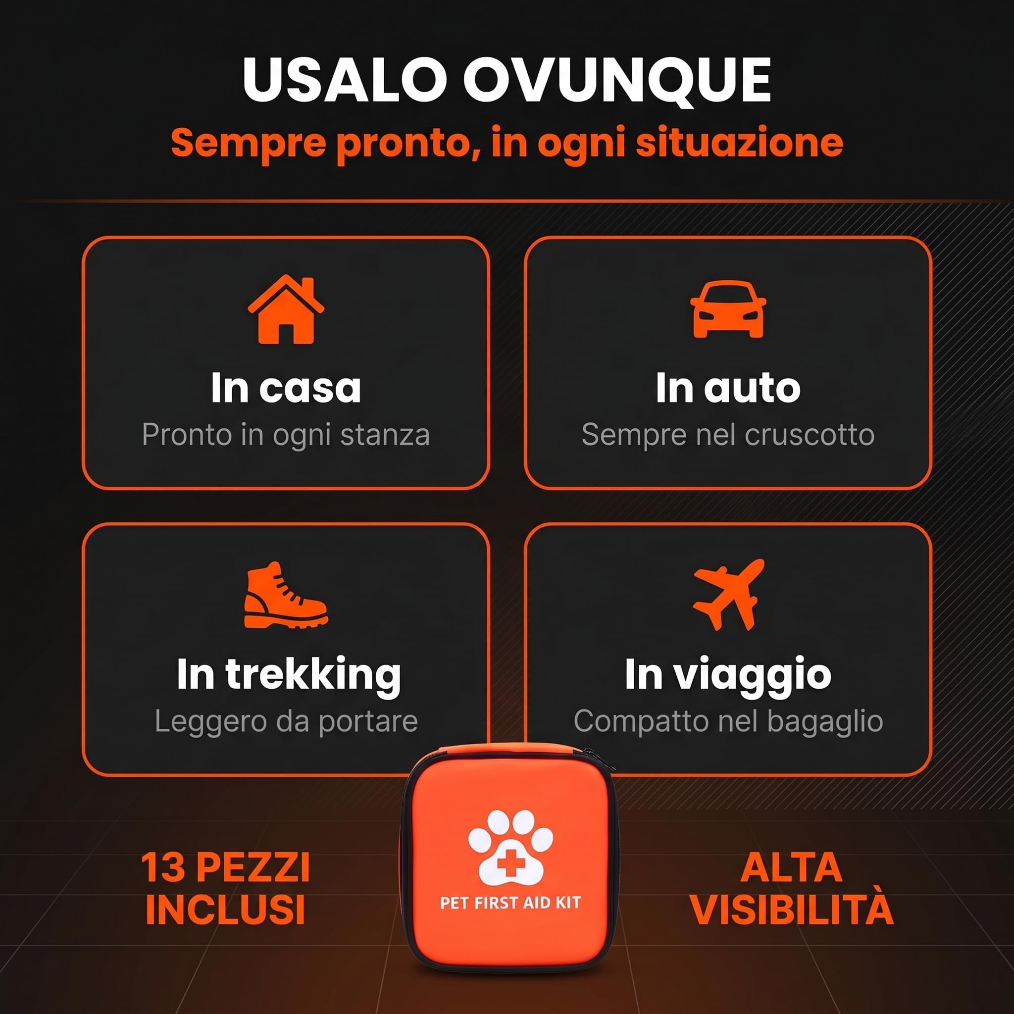 Kit di Pronto Soccorso per Animali Domestici - Set Essenziale per Emergenze Quotidiane, Custodia Compatta - Leggero da Viaggio e Passeggiate - Alta Visibilità (13 Pezzi)